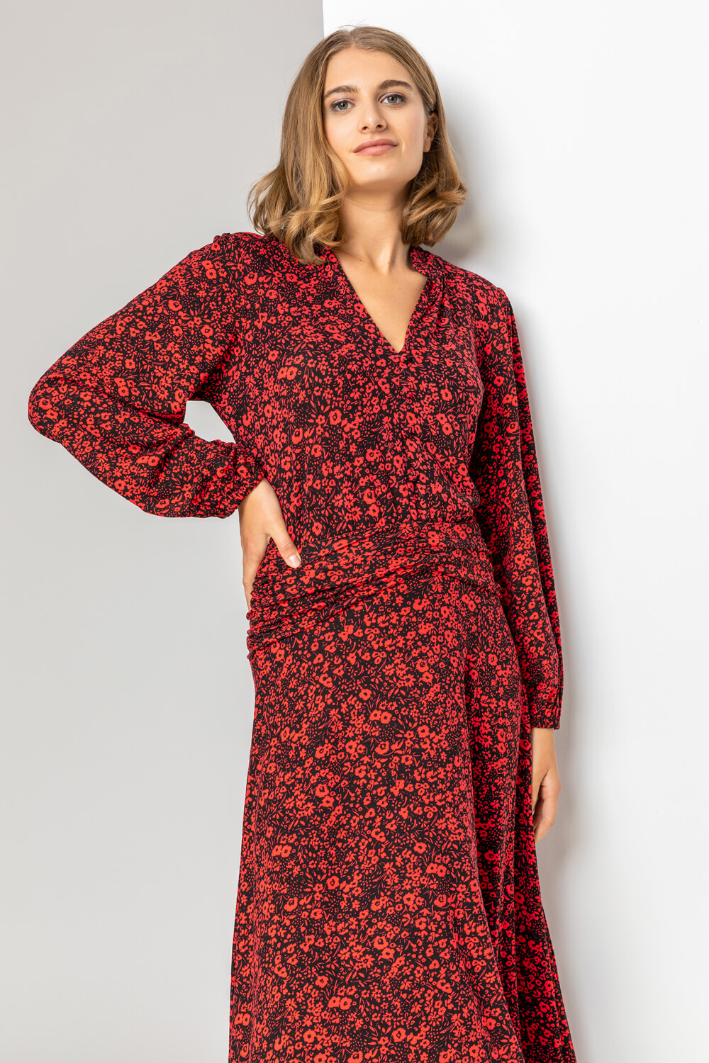 Red Floral Print Pleat Detail Midi Dress, Image 3 of 4