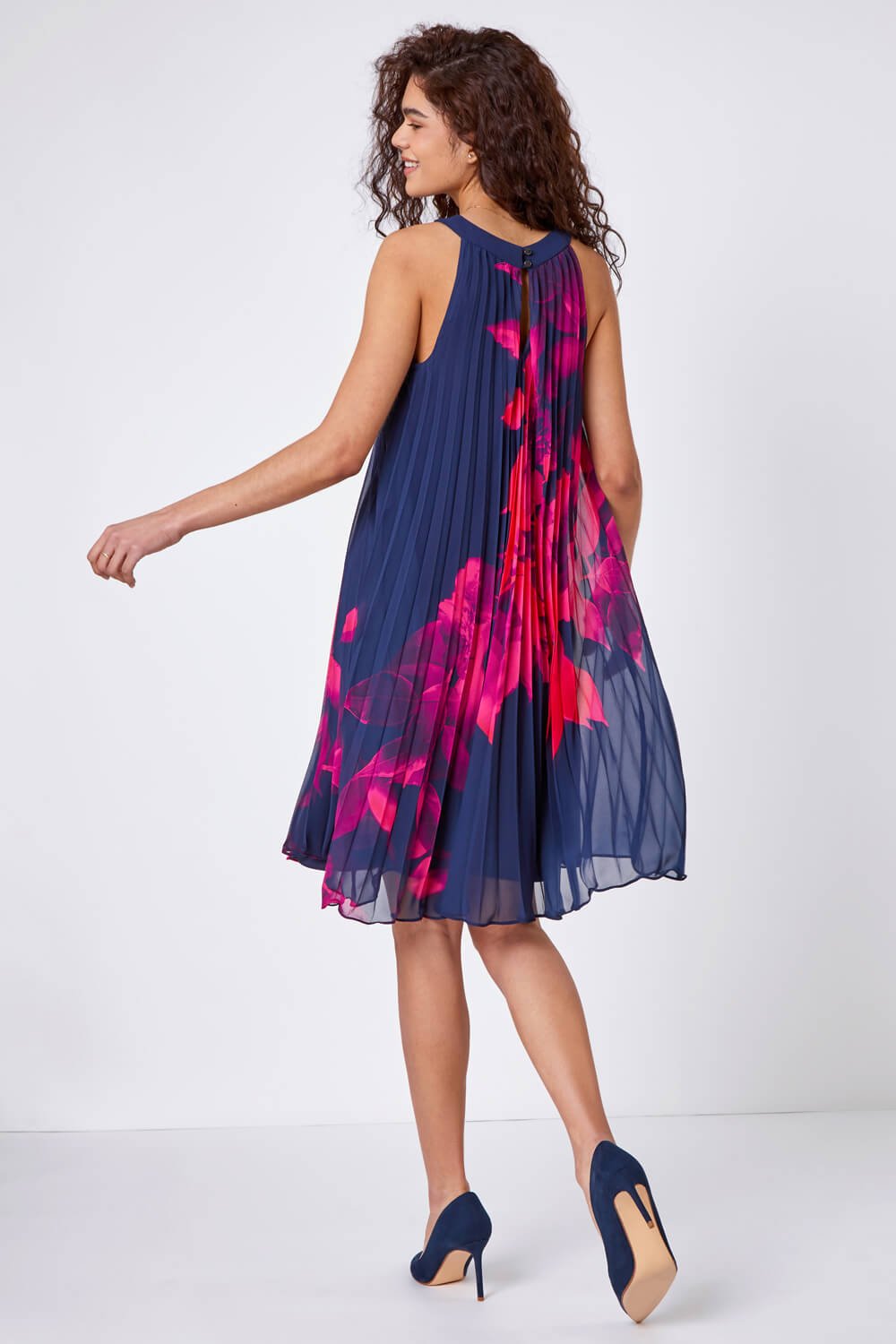 Navy  Floral Pleated Swing Dress, Image 3 of 5