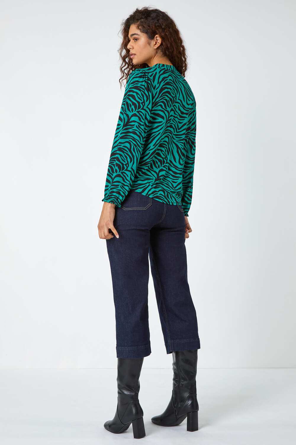 Green Animal Print Tie Neck Stretch Top | Roman UK