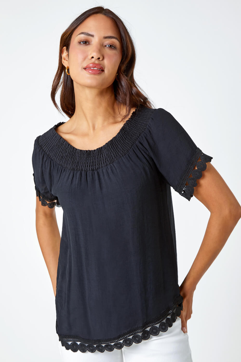 Black Lace Detail Shirred Bardot Top, Image 4 of 5