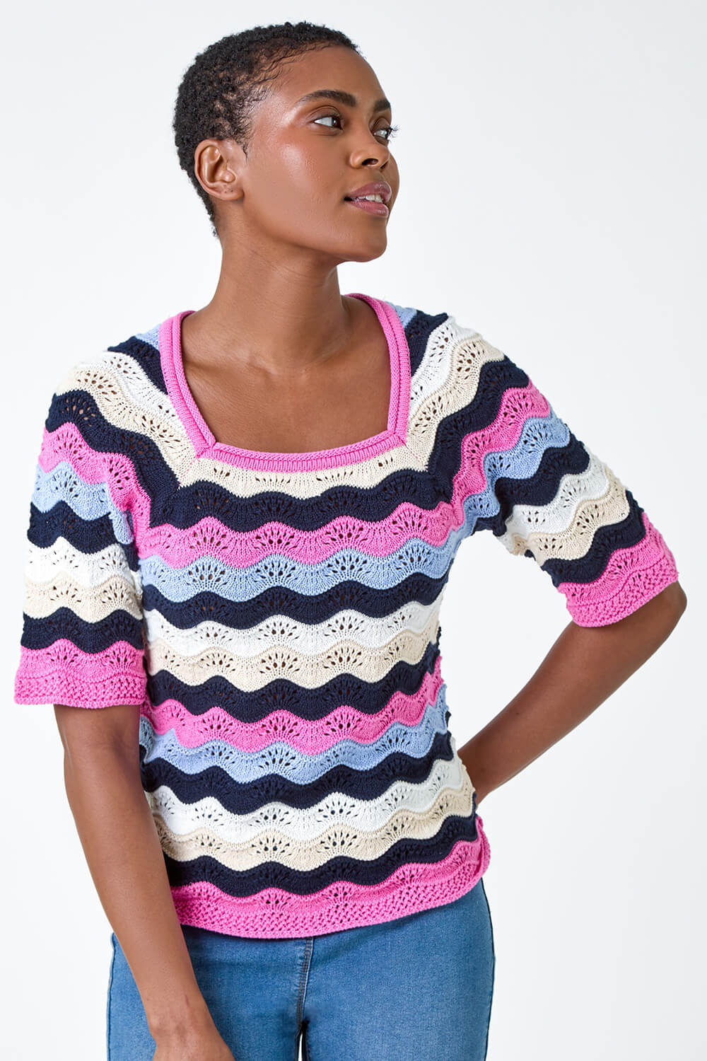 PINK Wave Stripe Cotton Knit Top, Image 4 of 5