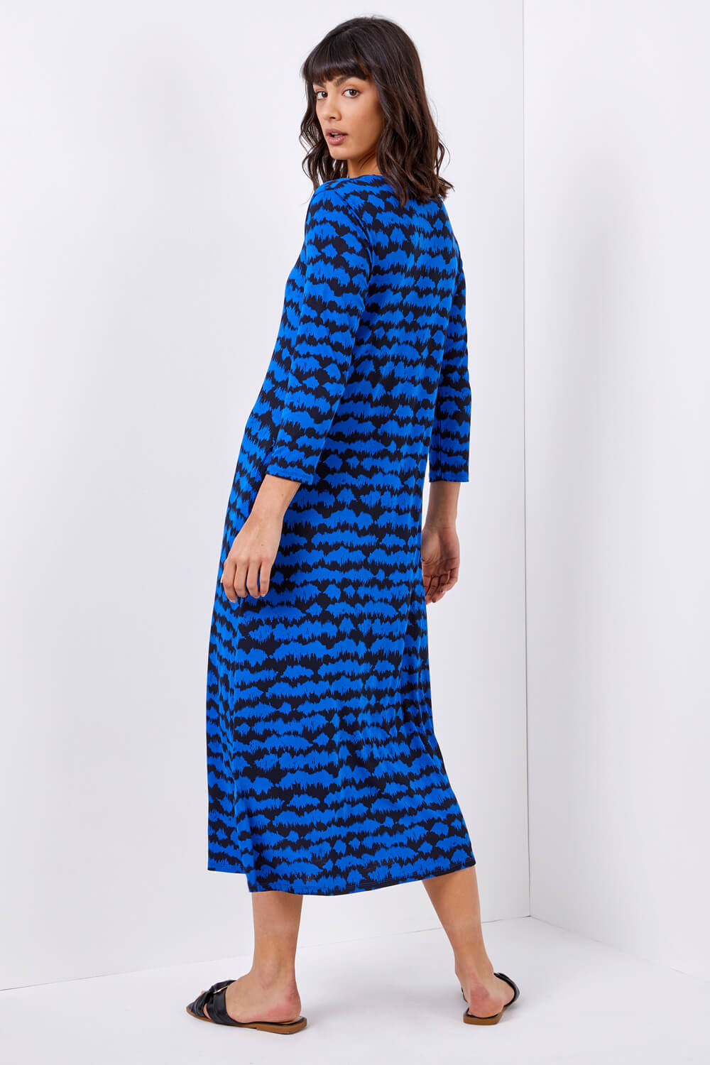 Royal Blue Tie Dye Pocket Jersey Midi Dress, Image 3 of 4