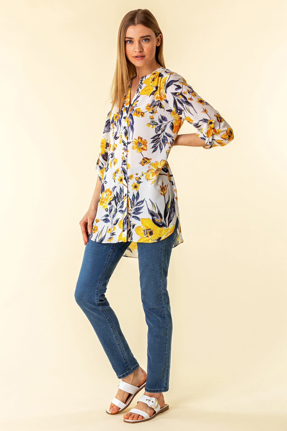 Yellow Floral Button Through Tunic Blouse, Image 2 of 4