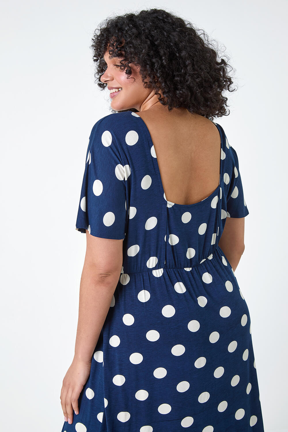 Navy  Curve Ruched Front Polka Dot Dress, Image 5 of 5