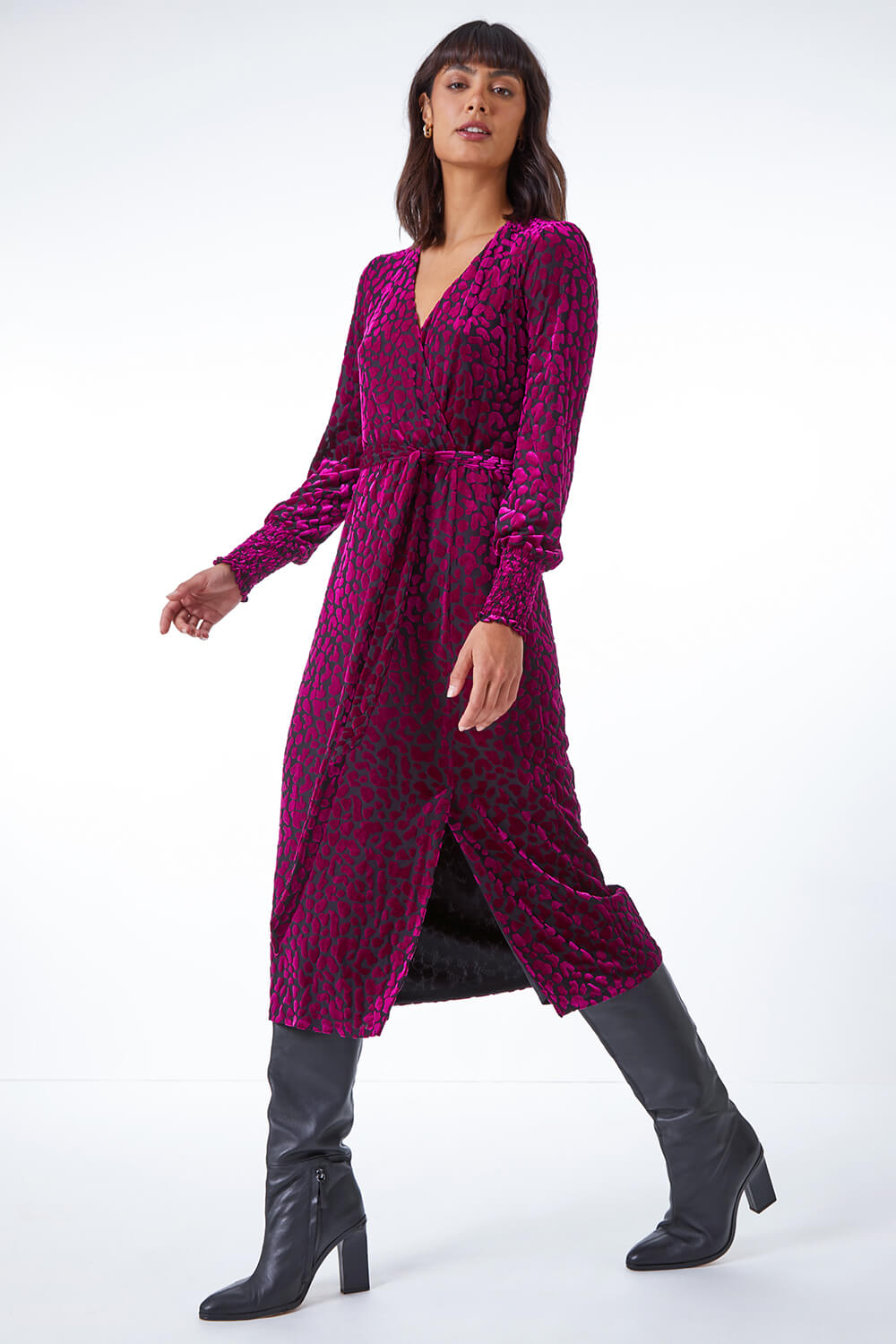 MAGENTA Leopard Print Velvet Wrap Midi Dress, Image 2 of 5