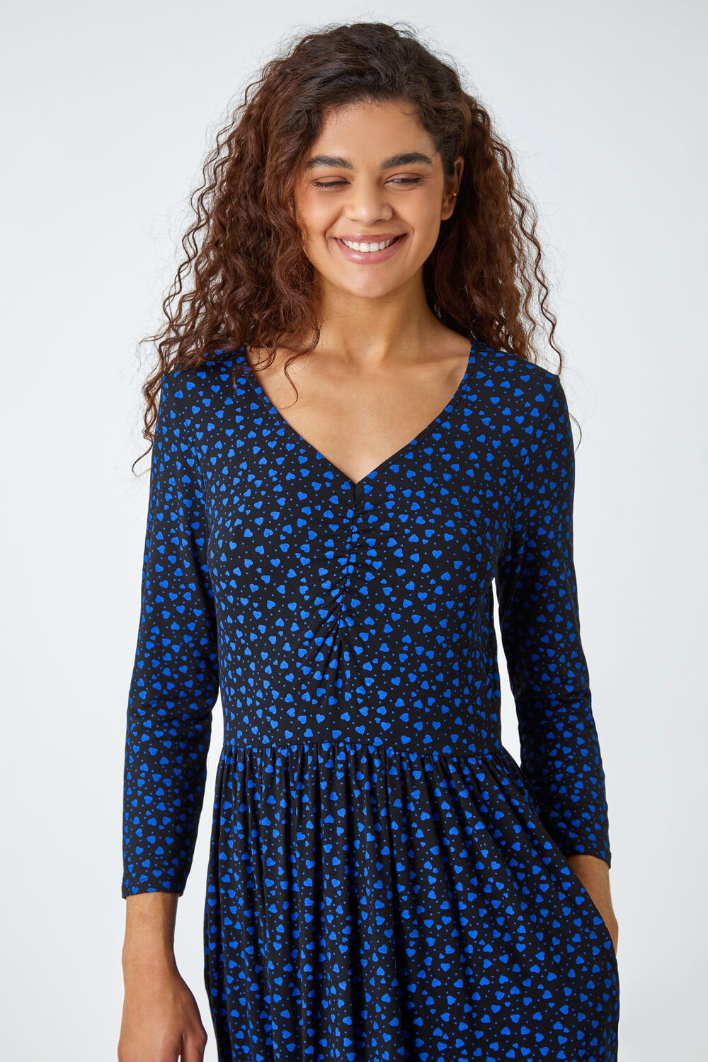 Royal Blue Heart Print Ruched Detail Stretch Midi Dress, Image 4 of 5