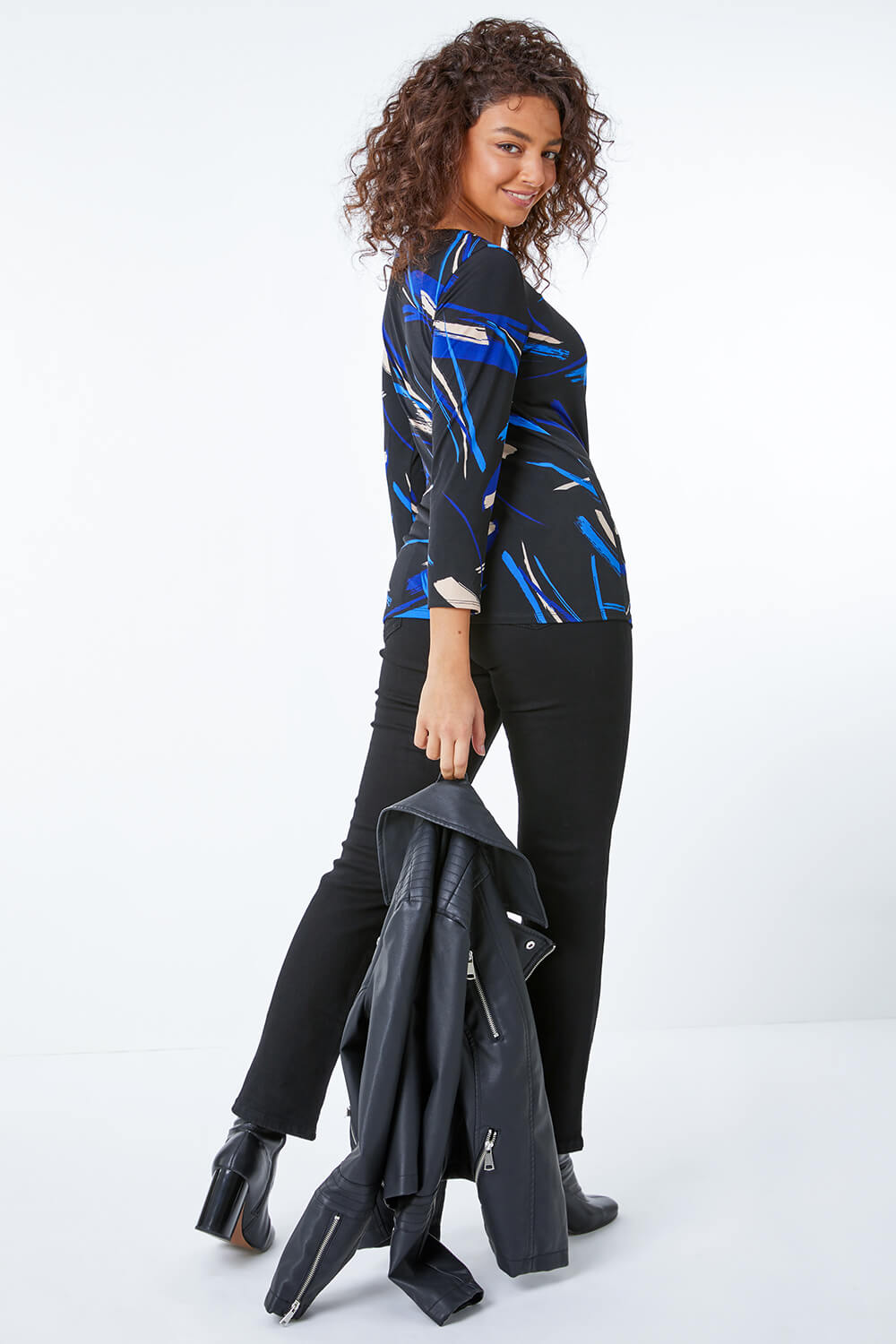 Royal Blue Petite Ruched Side Abstract Top, Image 3 of 5