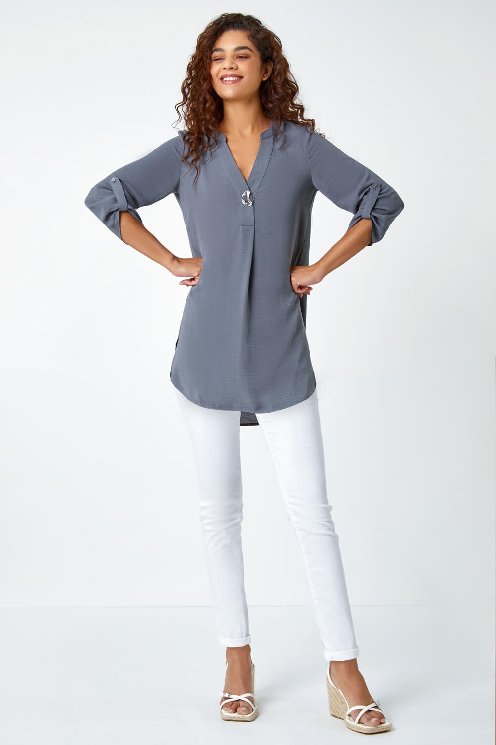Grey Longline Button Detail Blouse, Image 2 of 5
