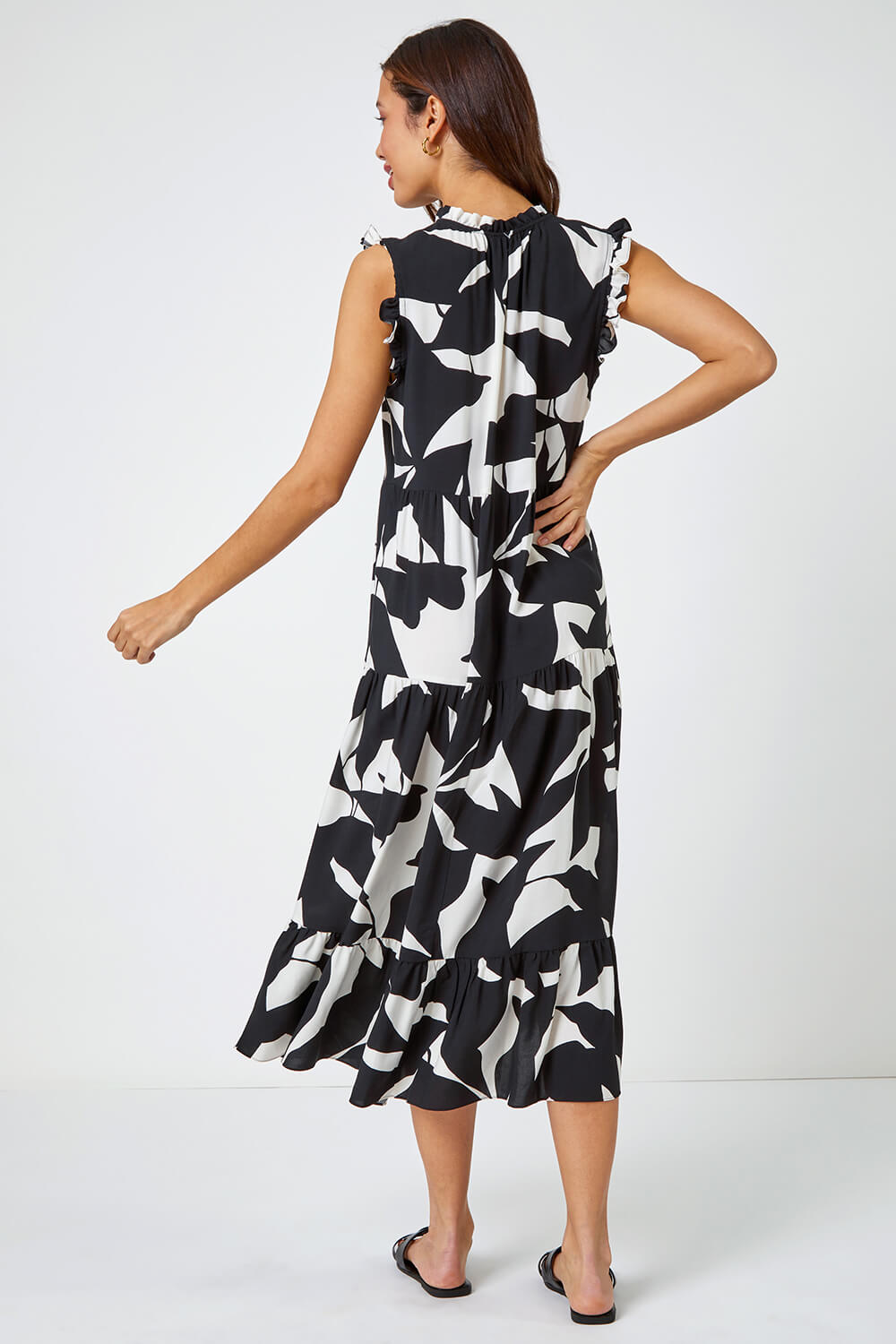 Black Abstract Print Frill Detail Midi Dress, Image 4 of 6