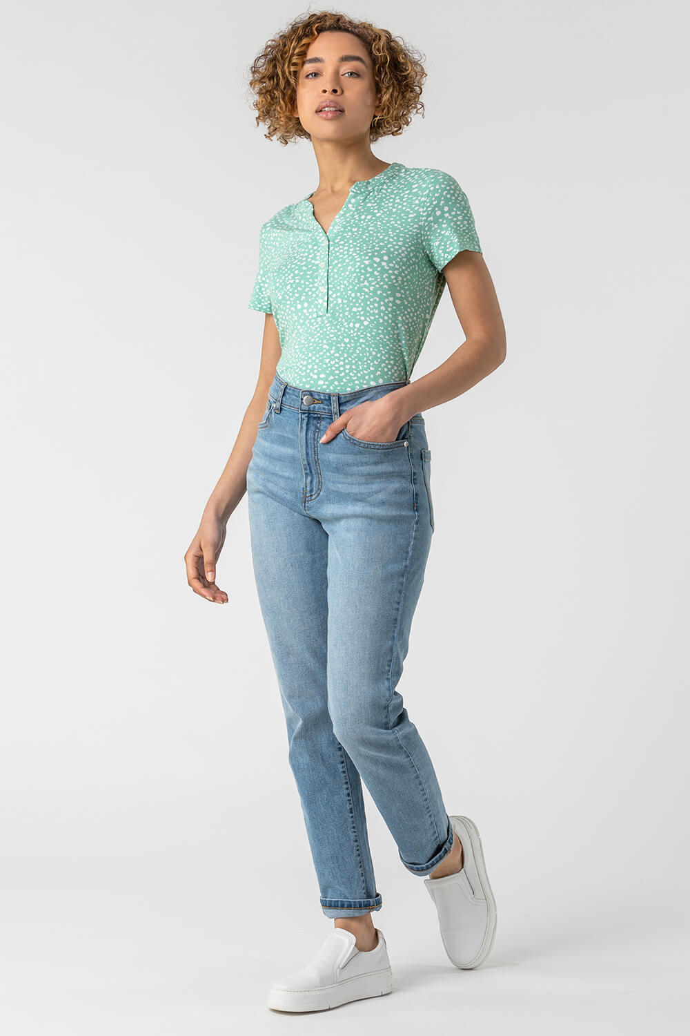 Mint Ditsy Spot Print Button Top, Image 4 of 5