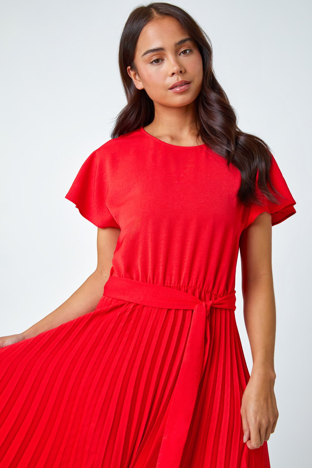 Red Petite Plain Pleated Skirt Midi Dress, Image 4 of 5