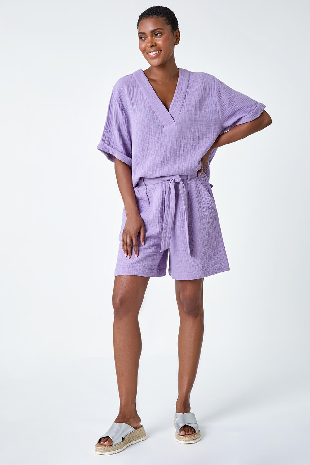 Lilac Textured Tie Waist Cotton Shorts, Image 2 of 5