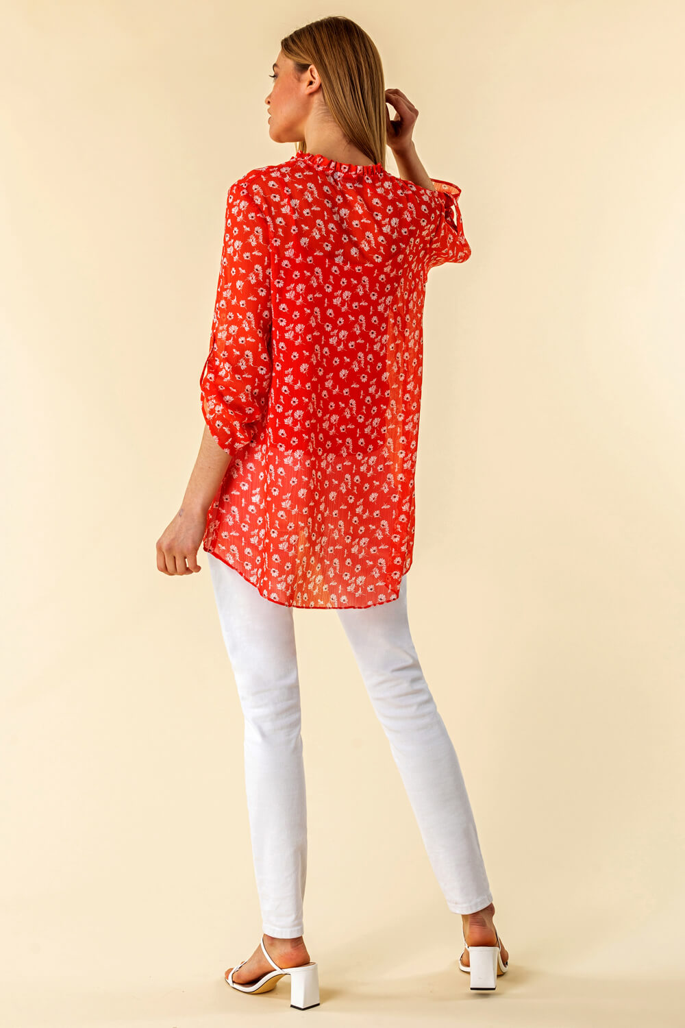 Red Frill Neck Floral Shirt and Cami Top, Image 3 of 4