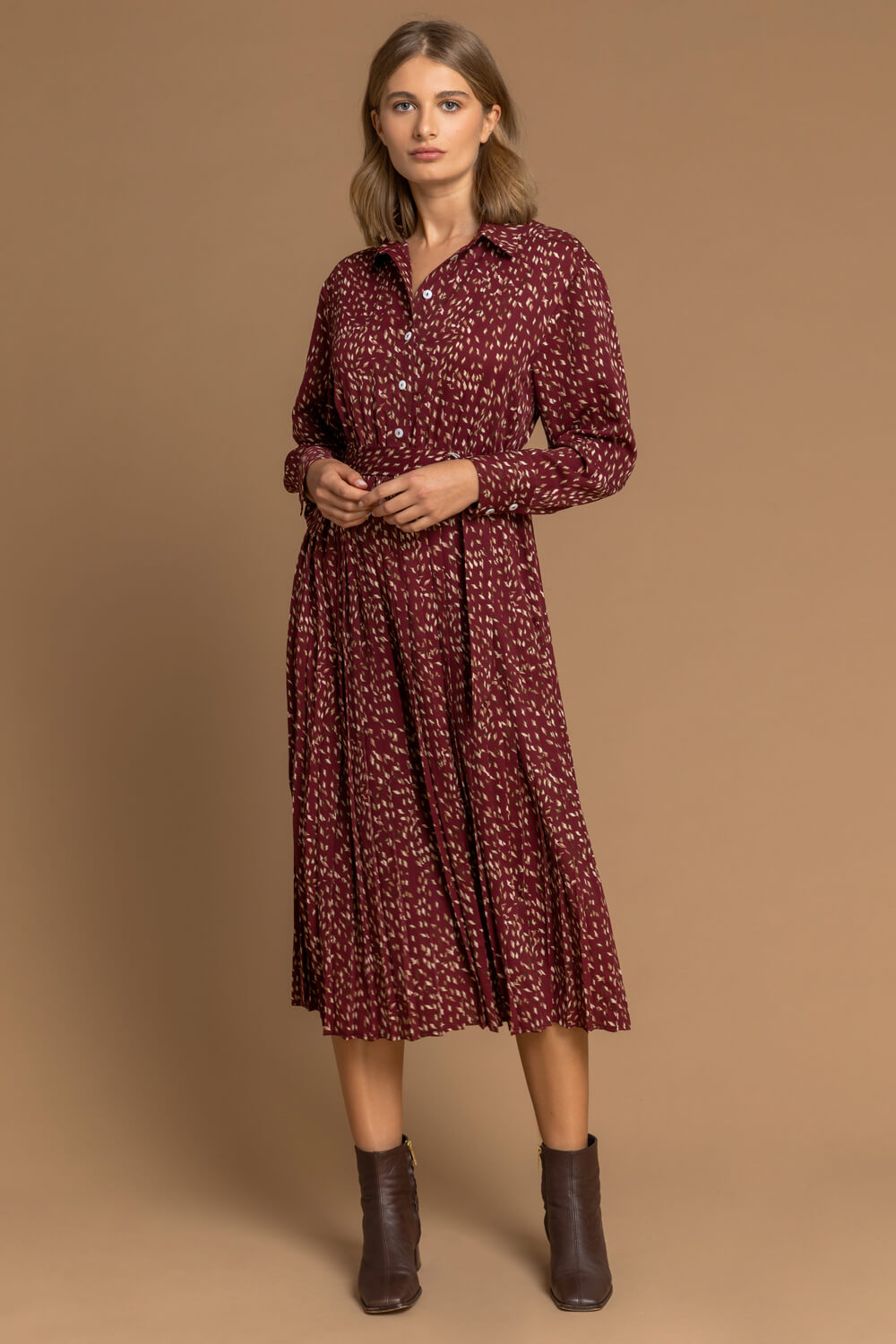 Copper Ditsy Print Pleated Shirt Dress, Image 3 of 5
