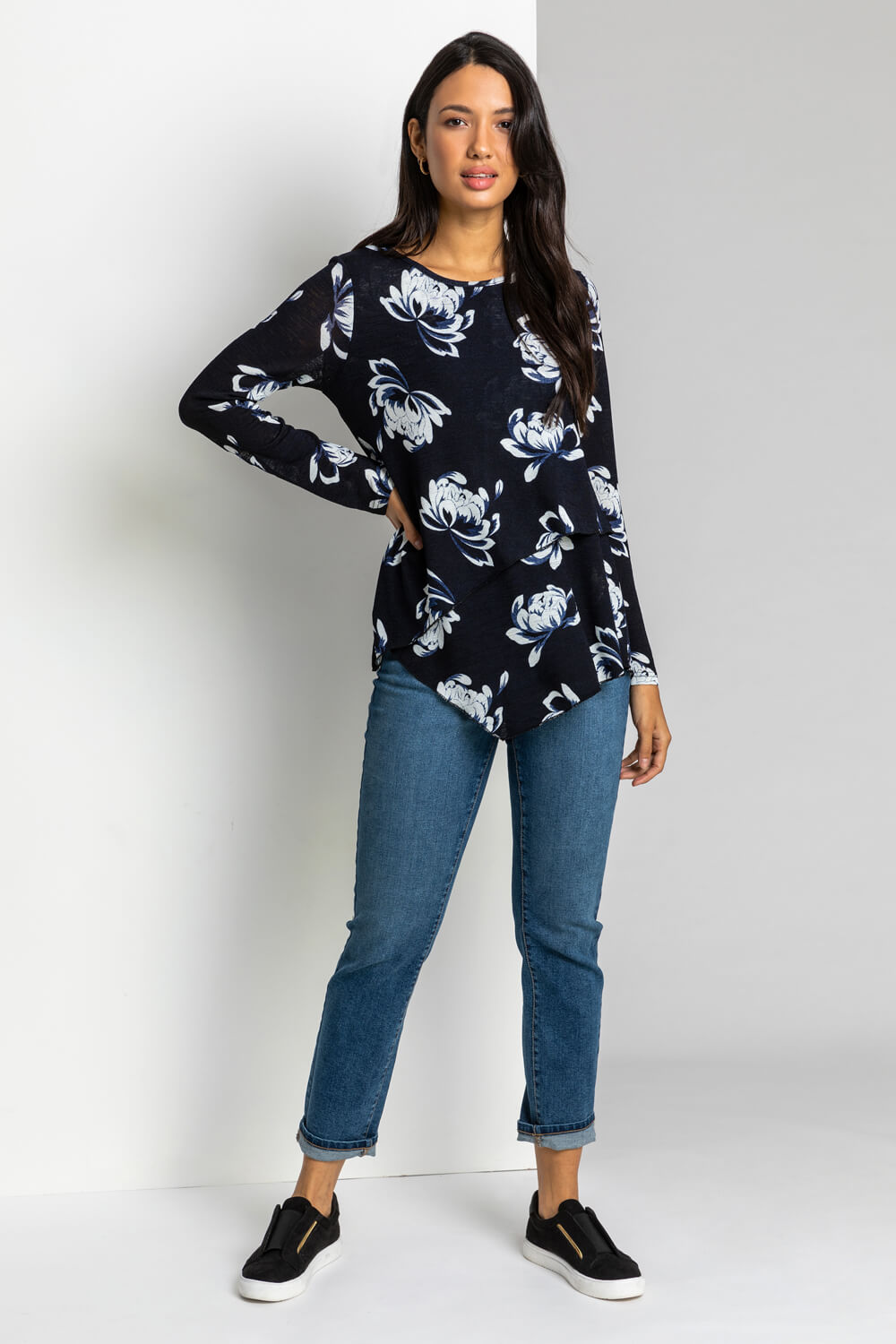 Navy  Floral Print Layered Asymmetric Tunic Top, Image 3 of 5