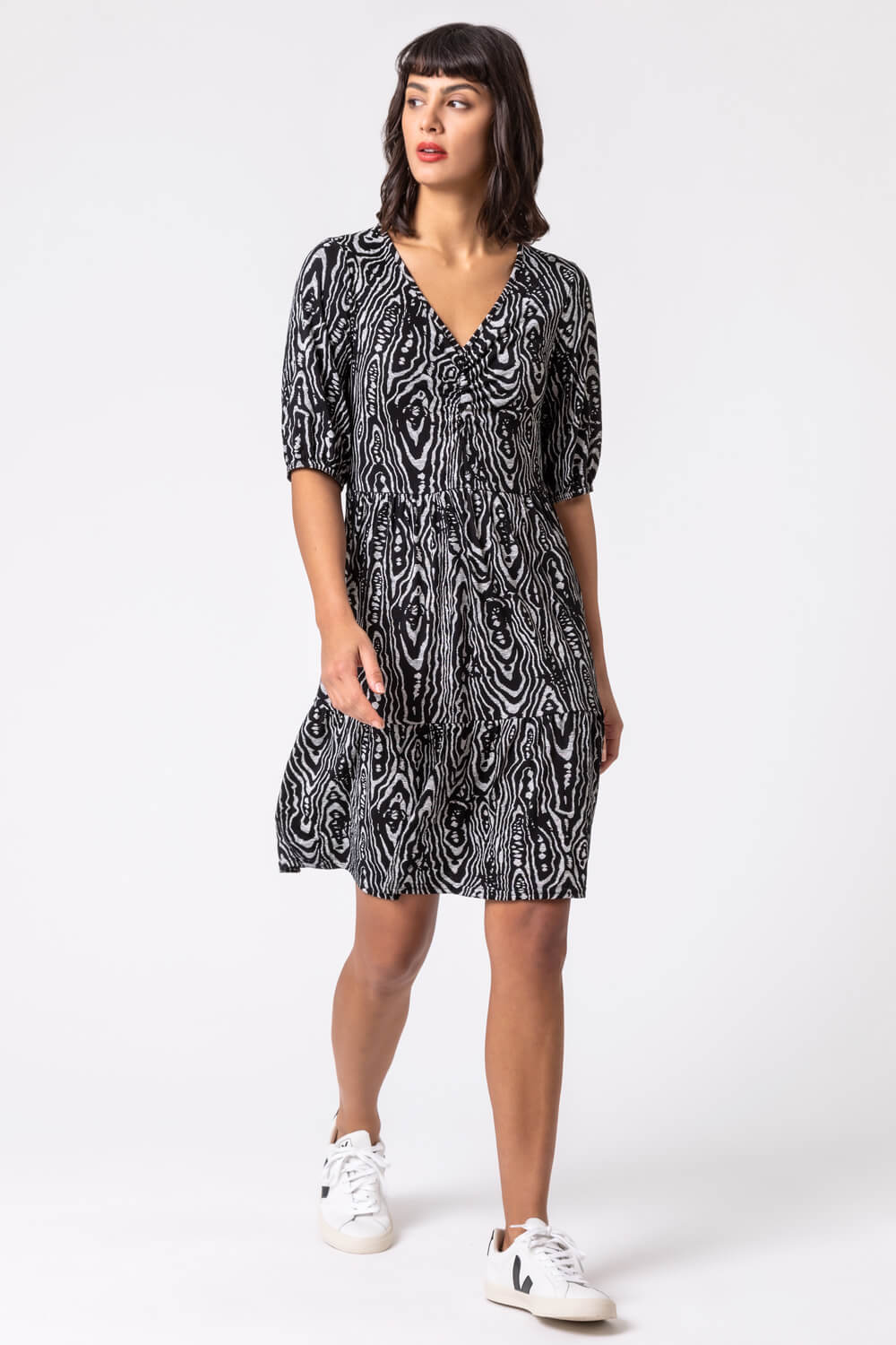 Black Animal Print Tiered Ruched Detail Dress, Image 3 of 5