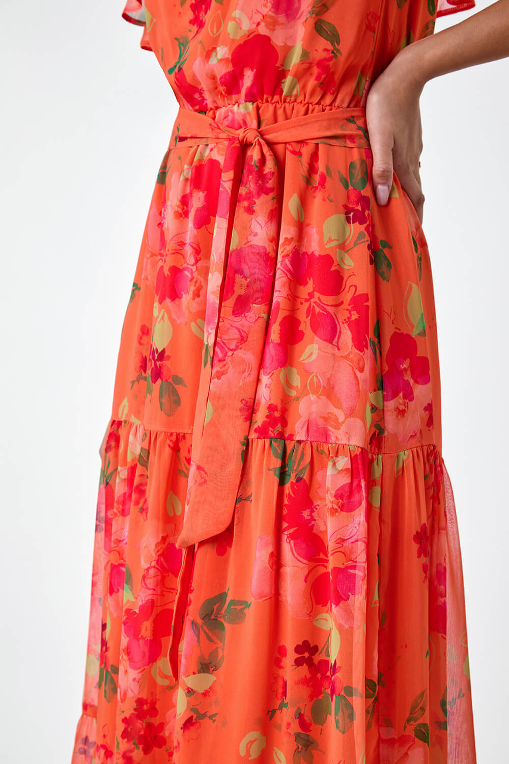 ORANGE Floral Tiered Bardot Belted Dress, Image 5 of 5