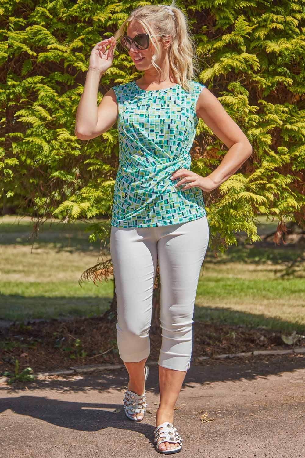 Green Tile Print Side Twist Jersey Top, Image 3 of 5