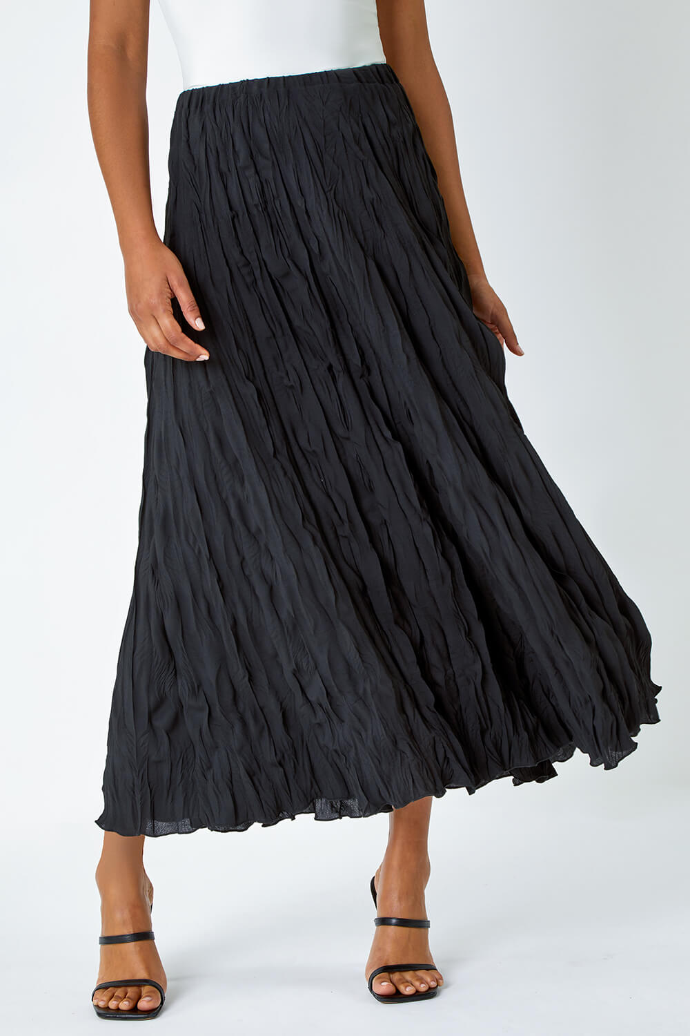 Black Textured Crinkle Midi Skirt, Image 3 of 5