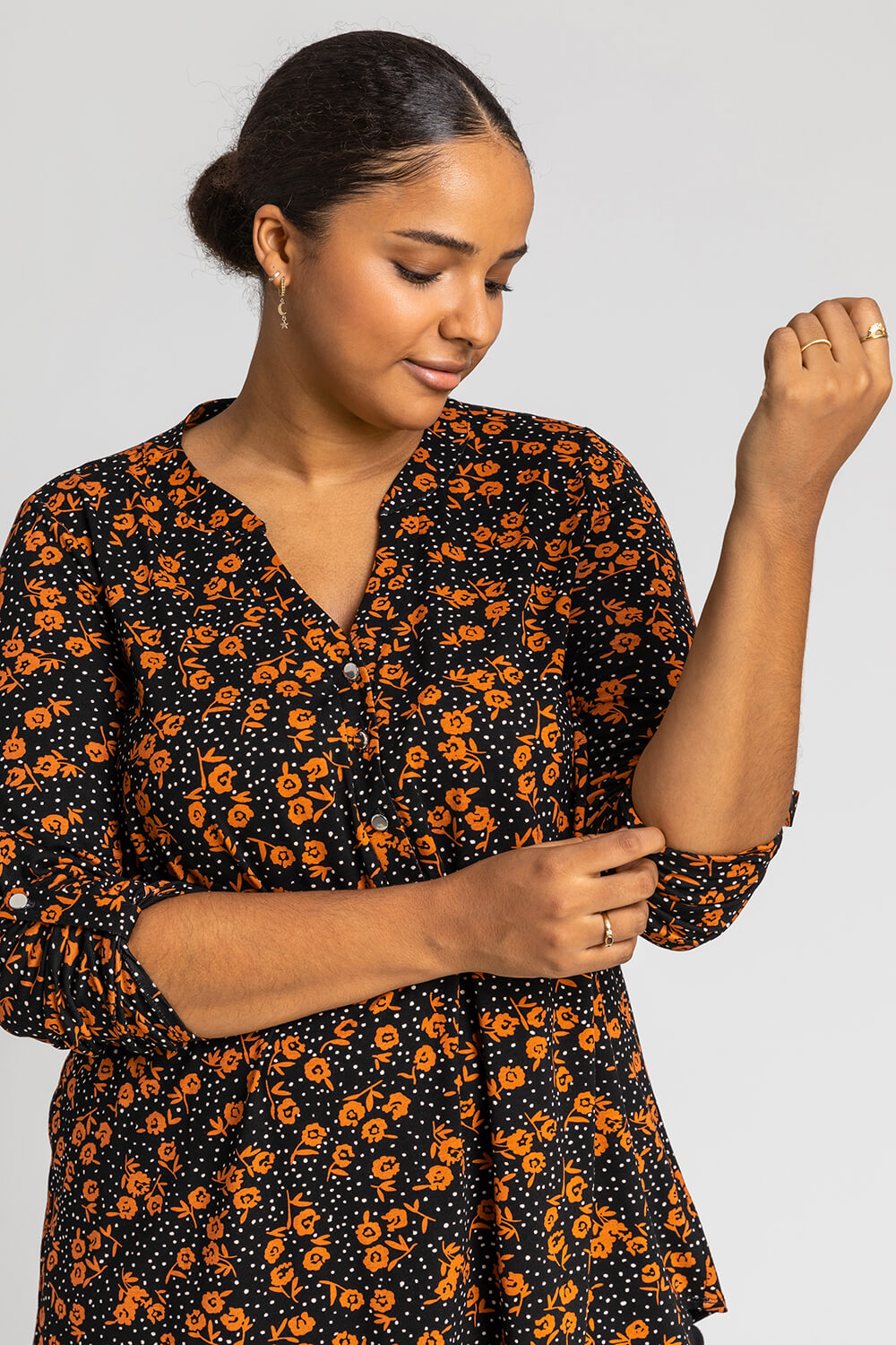 Rust Curve Ditsy Floral Print Top, Image 4 of 4