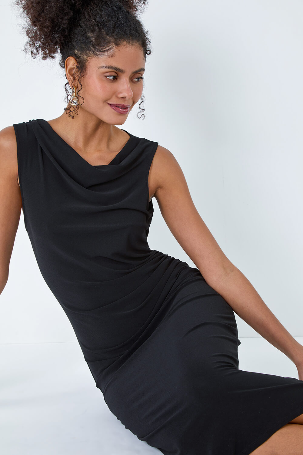 Black Ruched Cowl Neck Stretch Midi Dress, Image 5 of 5