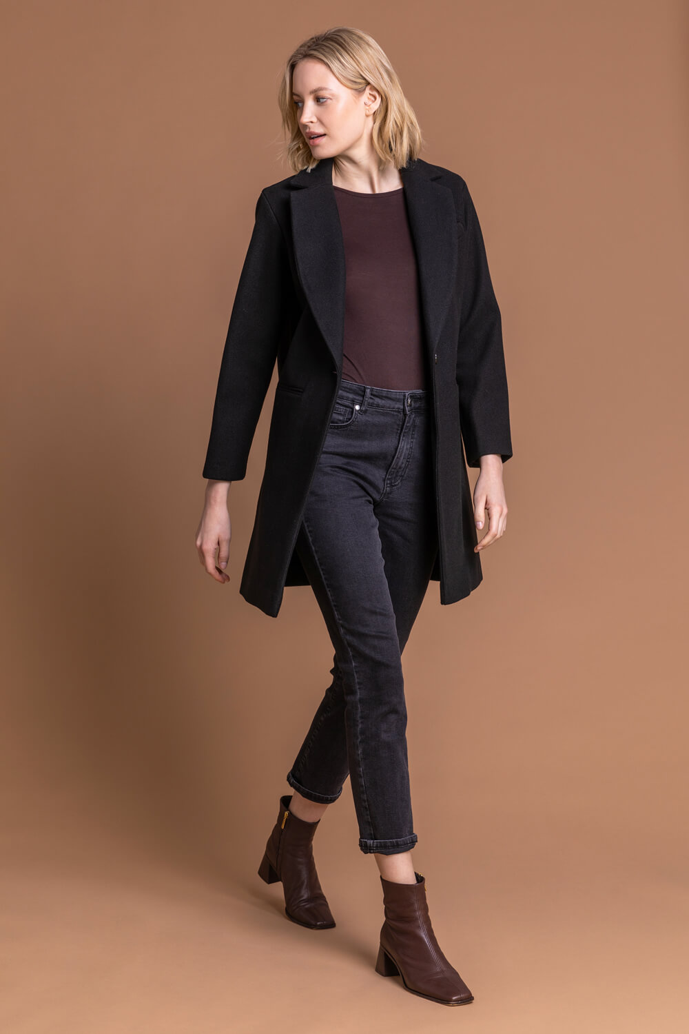 Black Rever Collar Long Coat, Image 3 of 5
