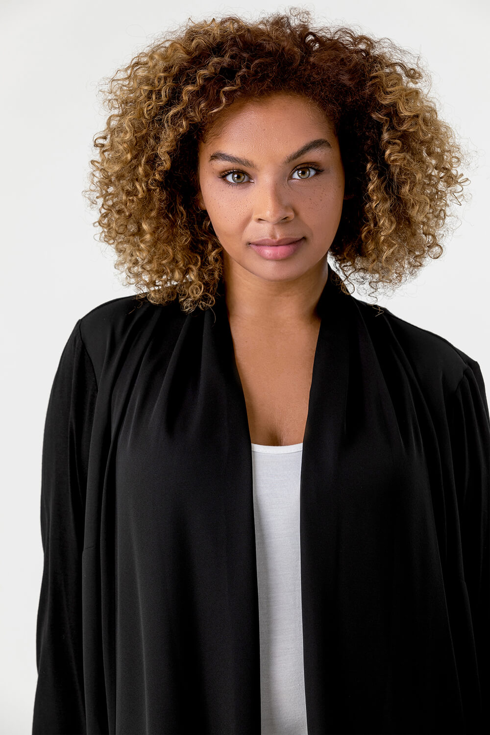Black Curve Woven Front Jersey Cardigan, Image 4 of 4