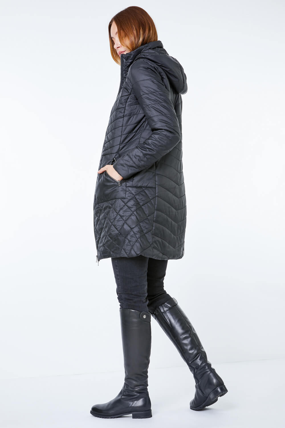 Black Longline Quilted Coat with Hood, Image 2 of 5