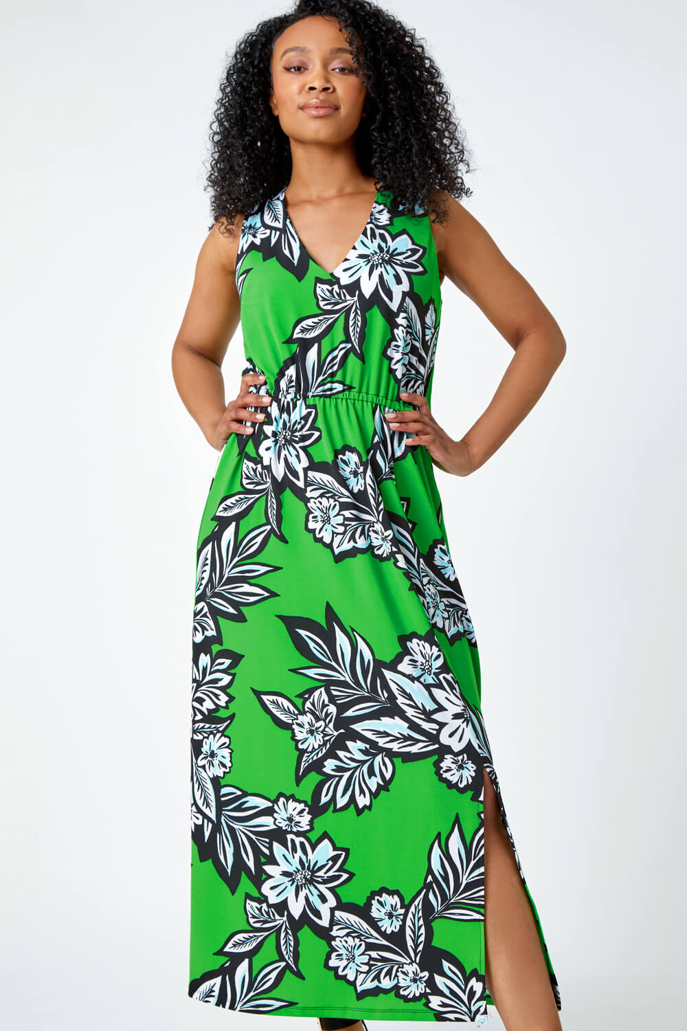 Green Petite Floral Print Stretch Maxi Dress | Roman UK
