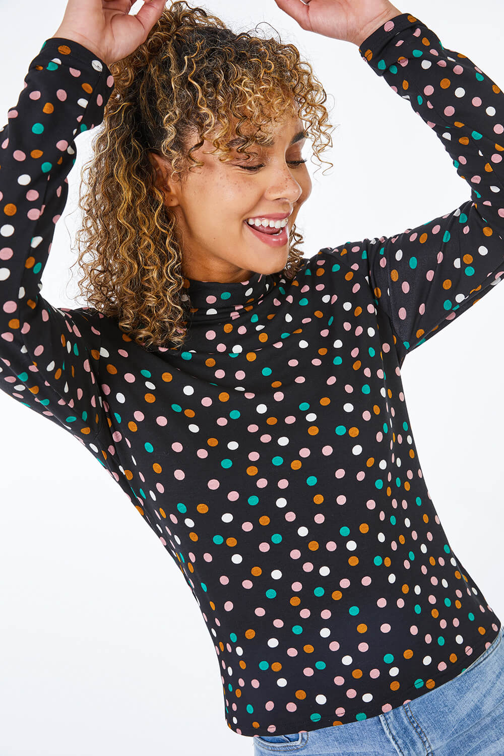 Petite Roll Neck Polka Dot Top in Black Roman UK