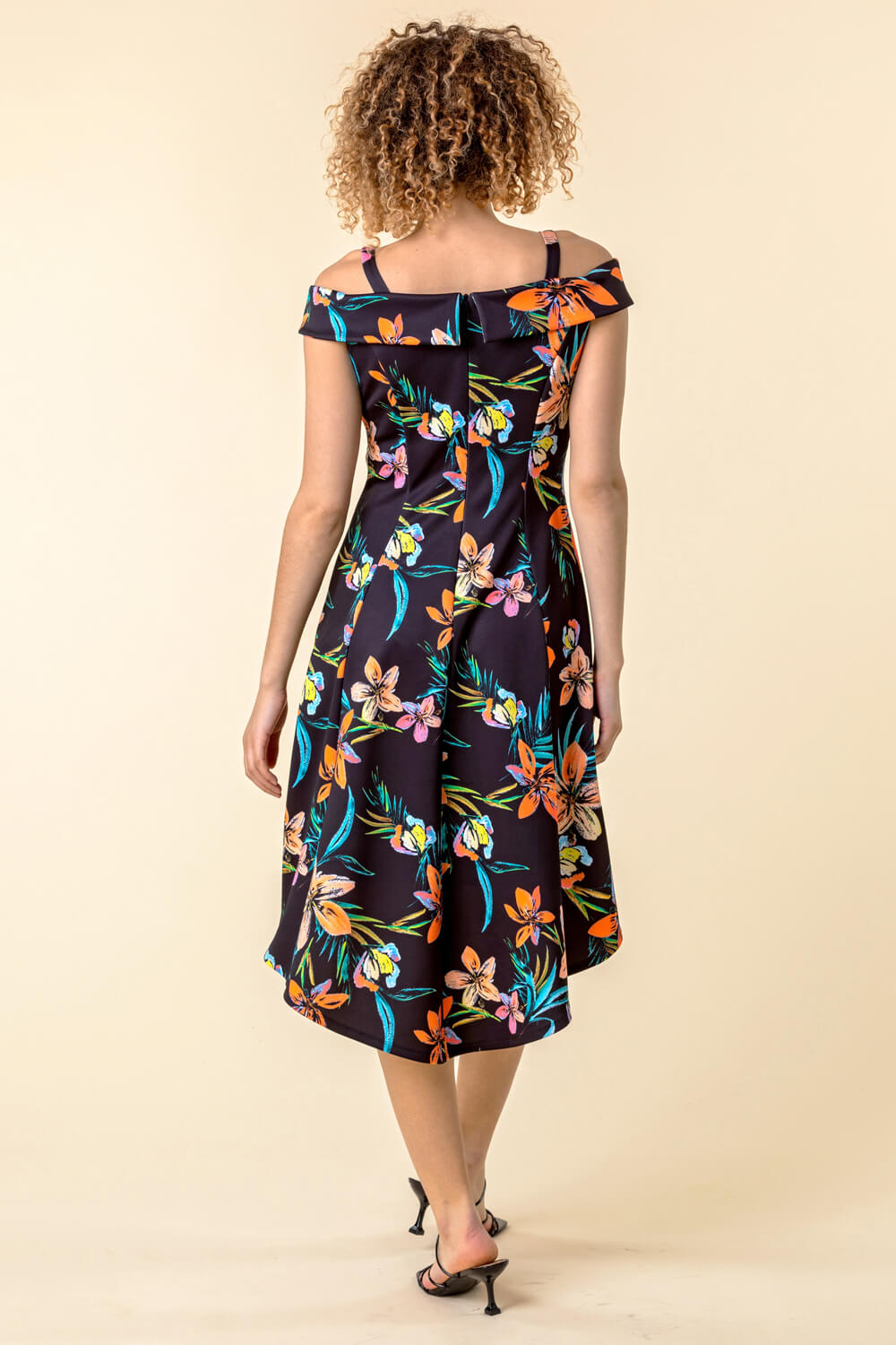Black Cold Shoulder Floral Print Dress, Image 3 of 4