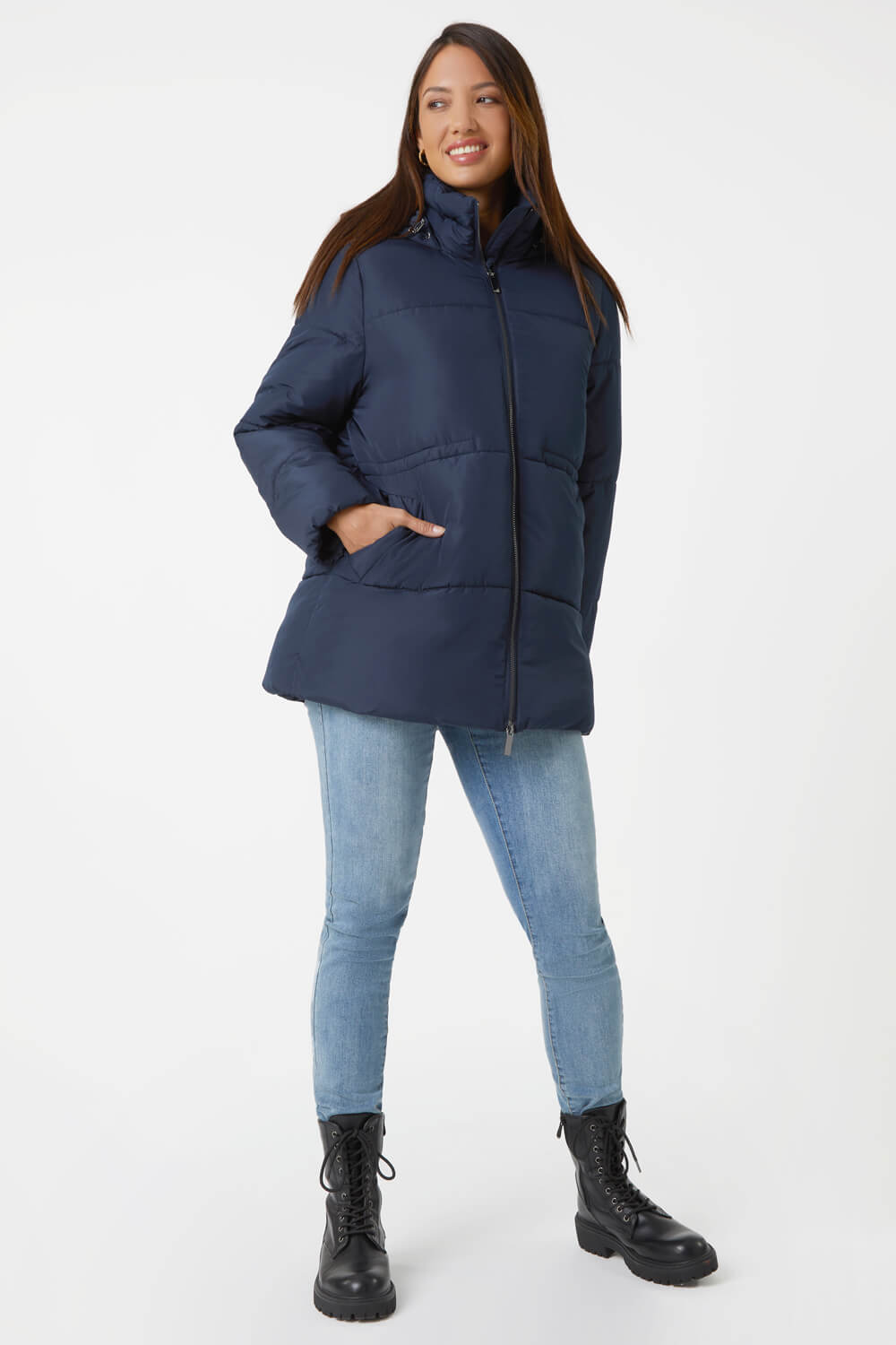 Navy  Padded Hooded Mid Length Coat, Image 2 of 6