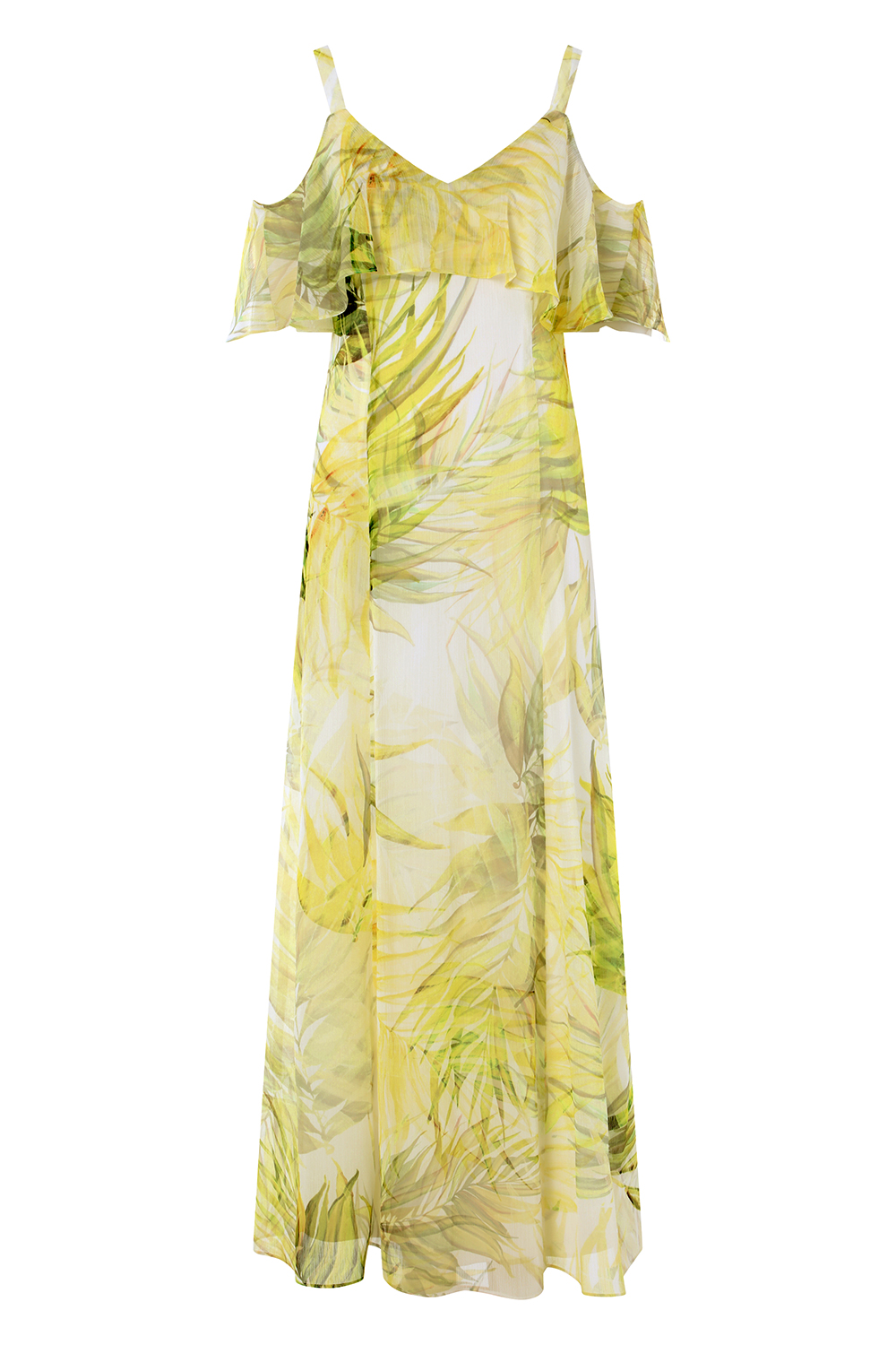 Yellow Leaf Print Cold Shoulder Maxi Dress , Image 5 of 5