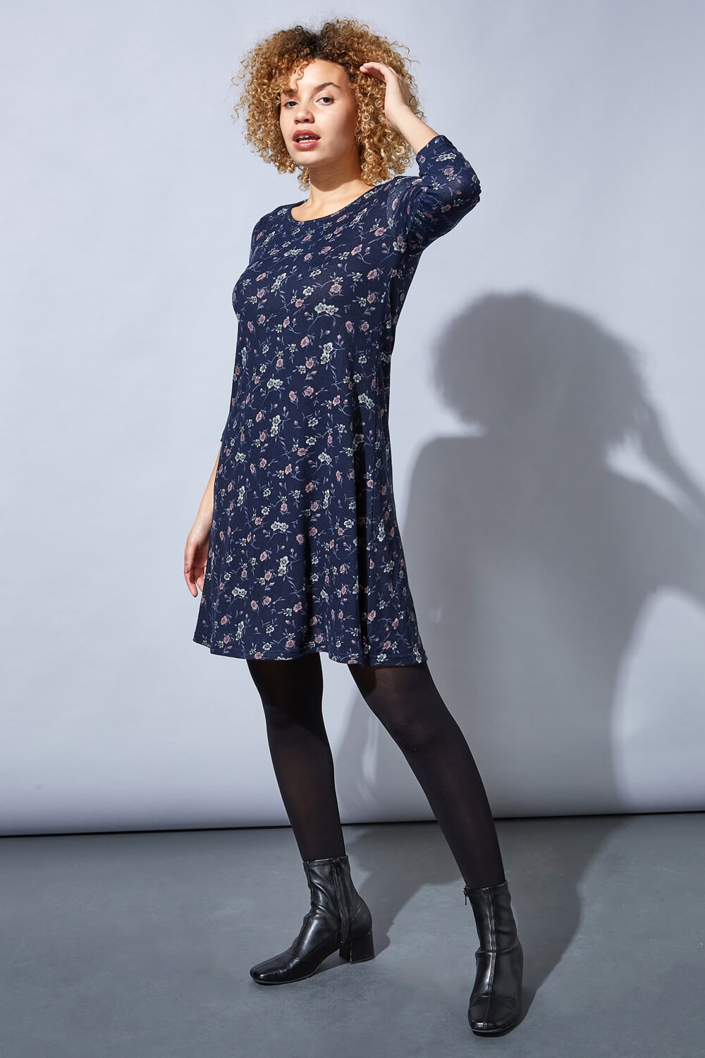 Navy  Floral Print Swing Dress, Image 2 of 4