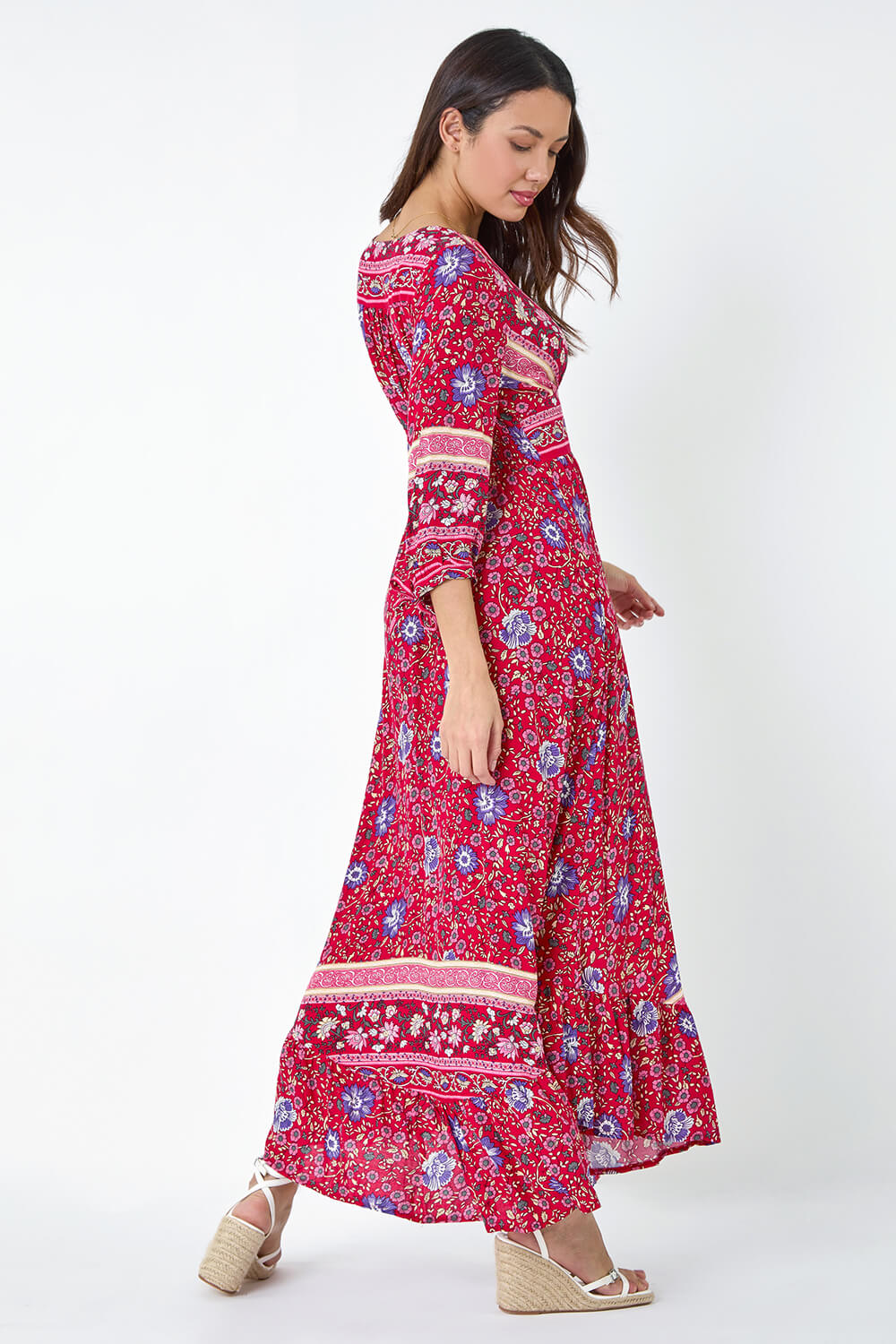 Red Floral Border Print Maxi Dress, Image 3 of 5