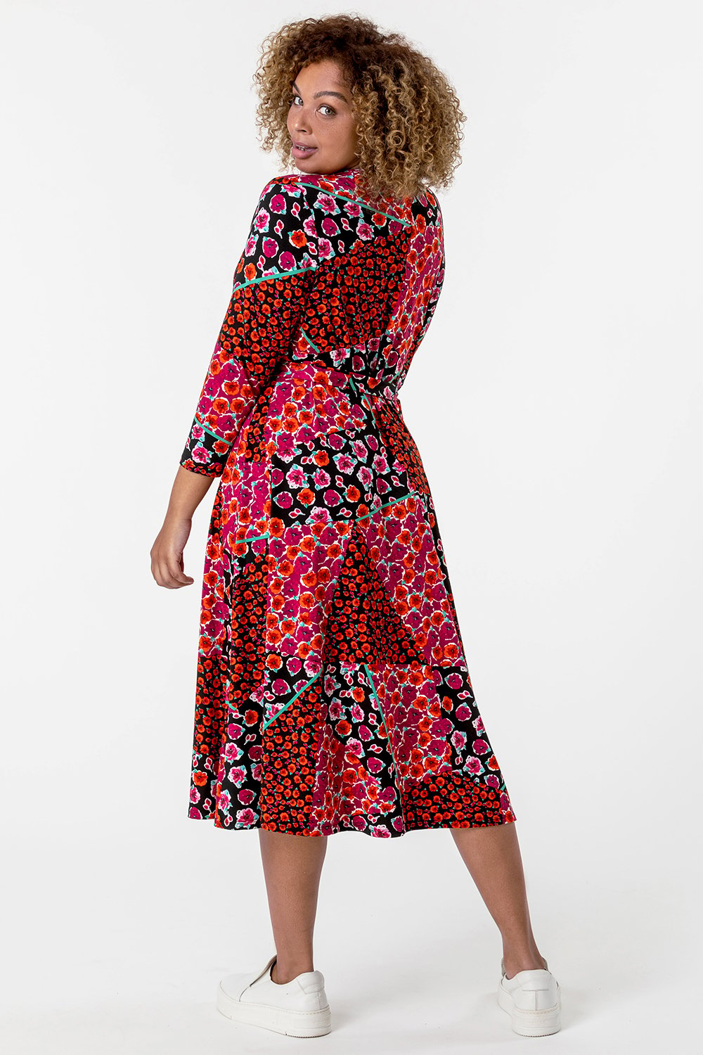 Red Curve Patchwork Floral Print Wrap Dress, Image 2 of 5