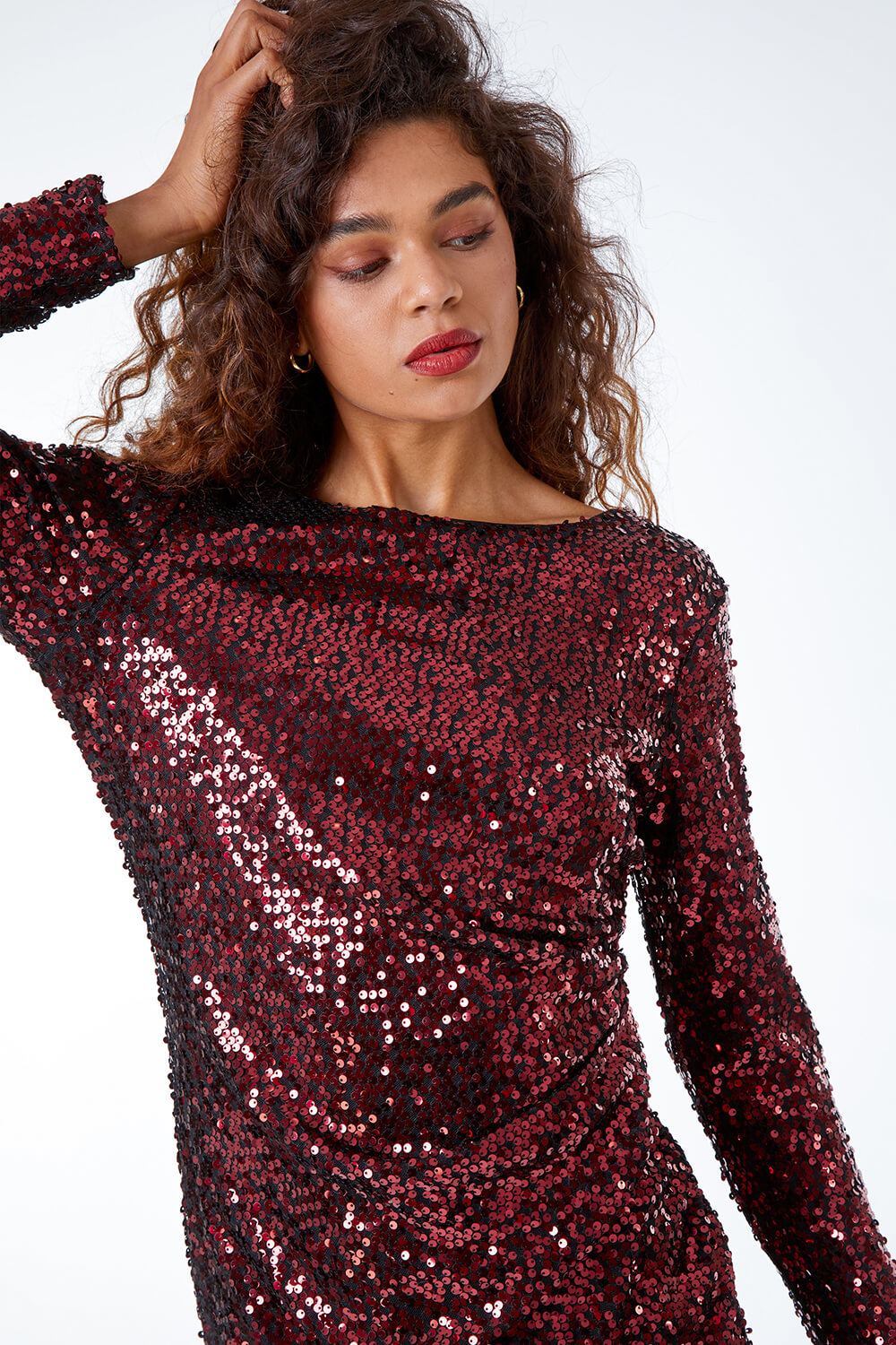 Burgundy Ruched Waist Sequin Dress, Image 4 of 5