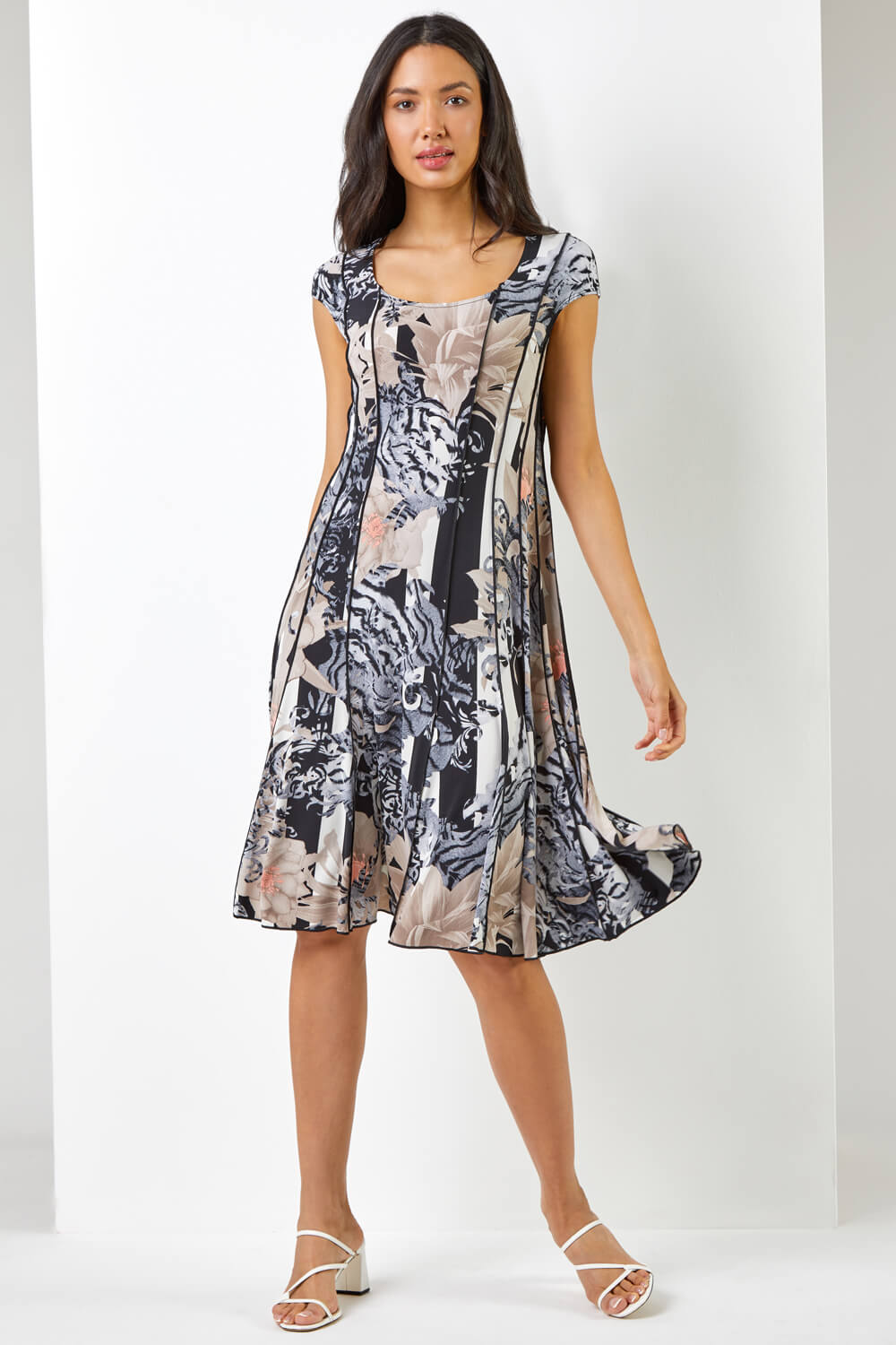 Black  Abstract Floral Print Panel Dress, Image 3 of 5