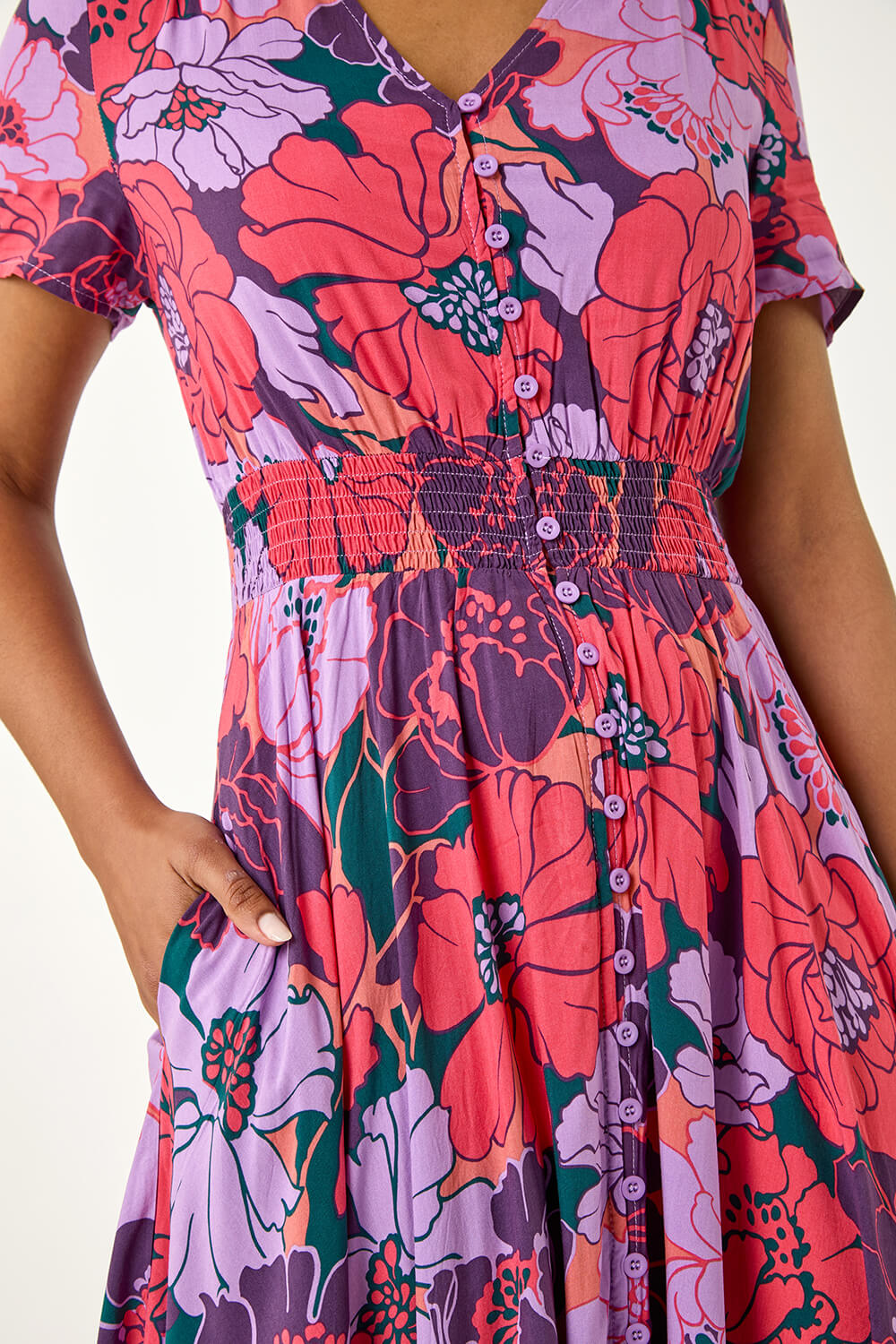 Purple Floral Print Button Detail Maxi Dress, Image 5 of 5