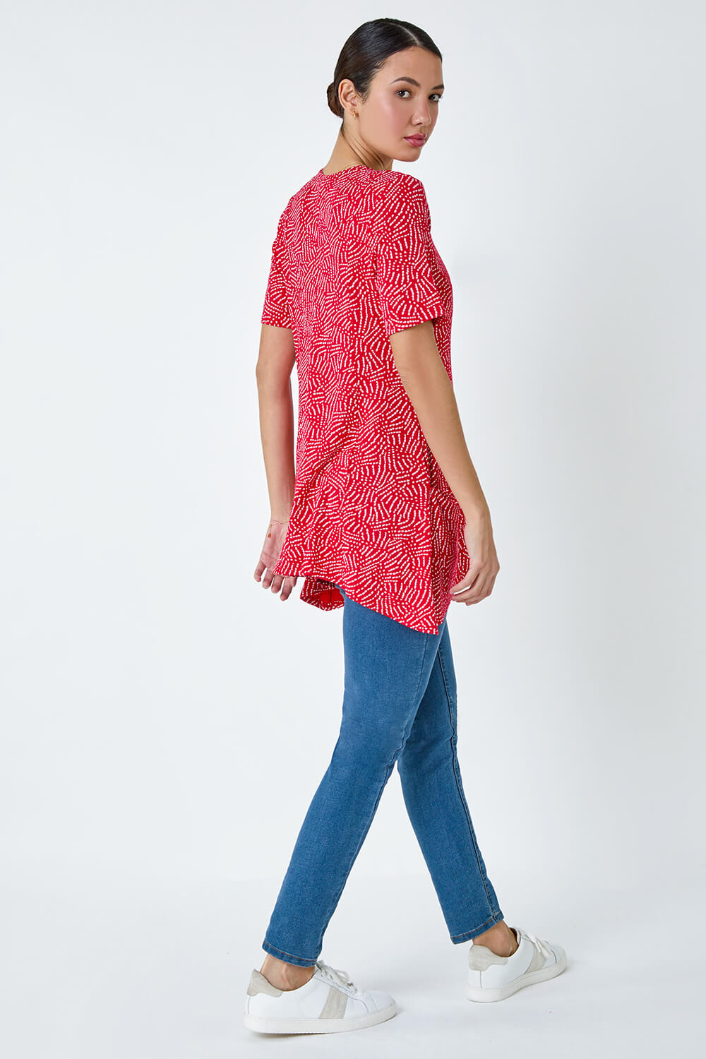 Red Abstract Print Pocket Tunic Top, Image 3 of 5
