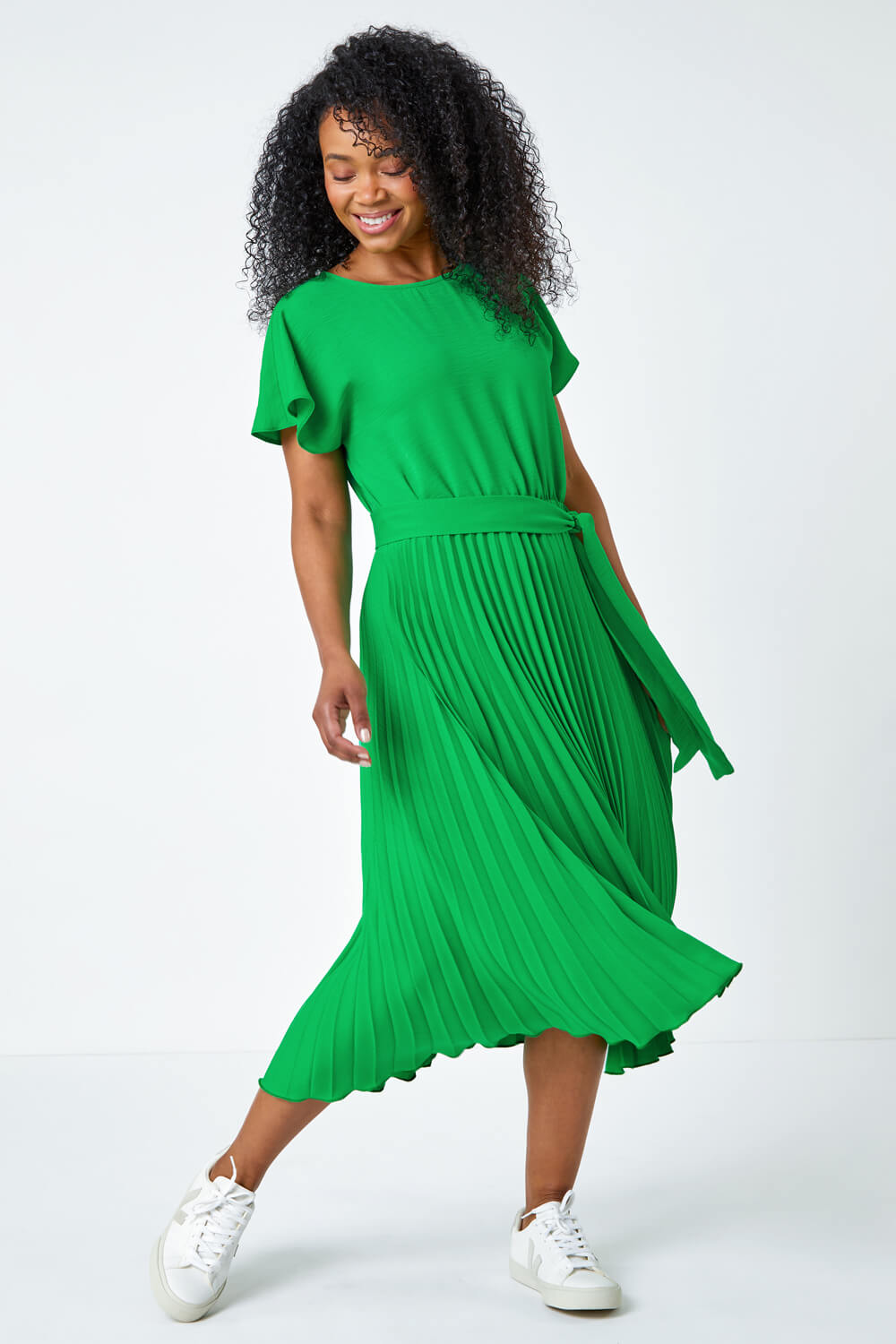 Green Petite Plain Pleated Skirt Midi Dress, Image 2 of 5