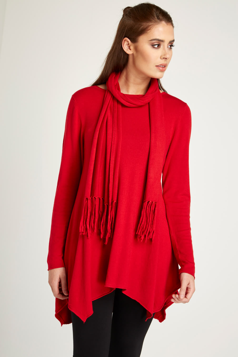 Knitted Tunic with Tassel Scarf in Red - Roman Originals UK