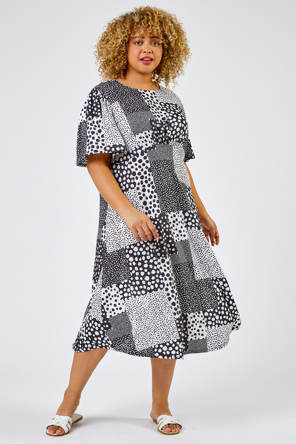 Black Curve Abstract Spot Print Midi Dress, Image 3 of 5