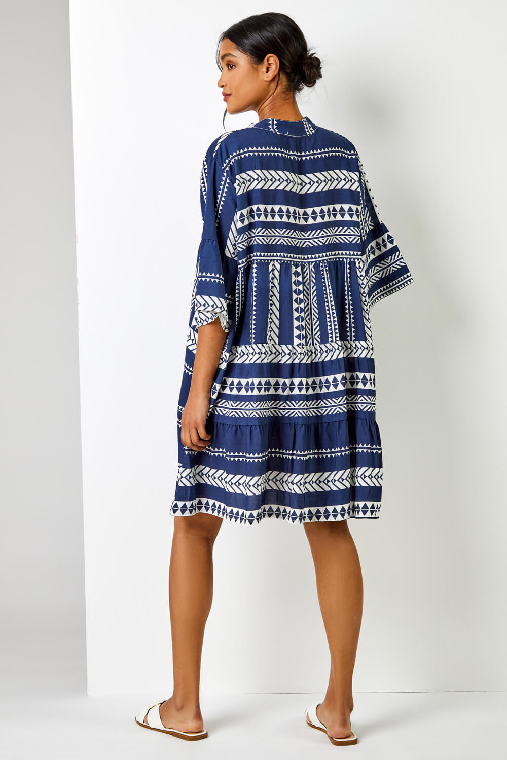 Navy  Contrast Print Tiered Smock Dress, Image 2 of 5