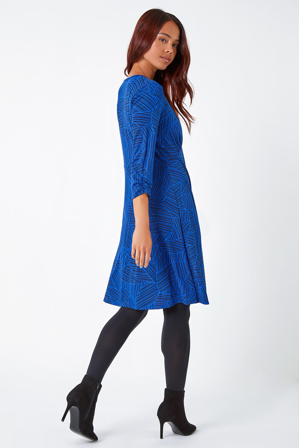 Royal Blue Petite Linear Print Stretch Tea Dress, Image 3 of 5