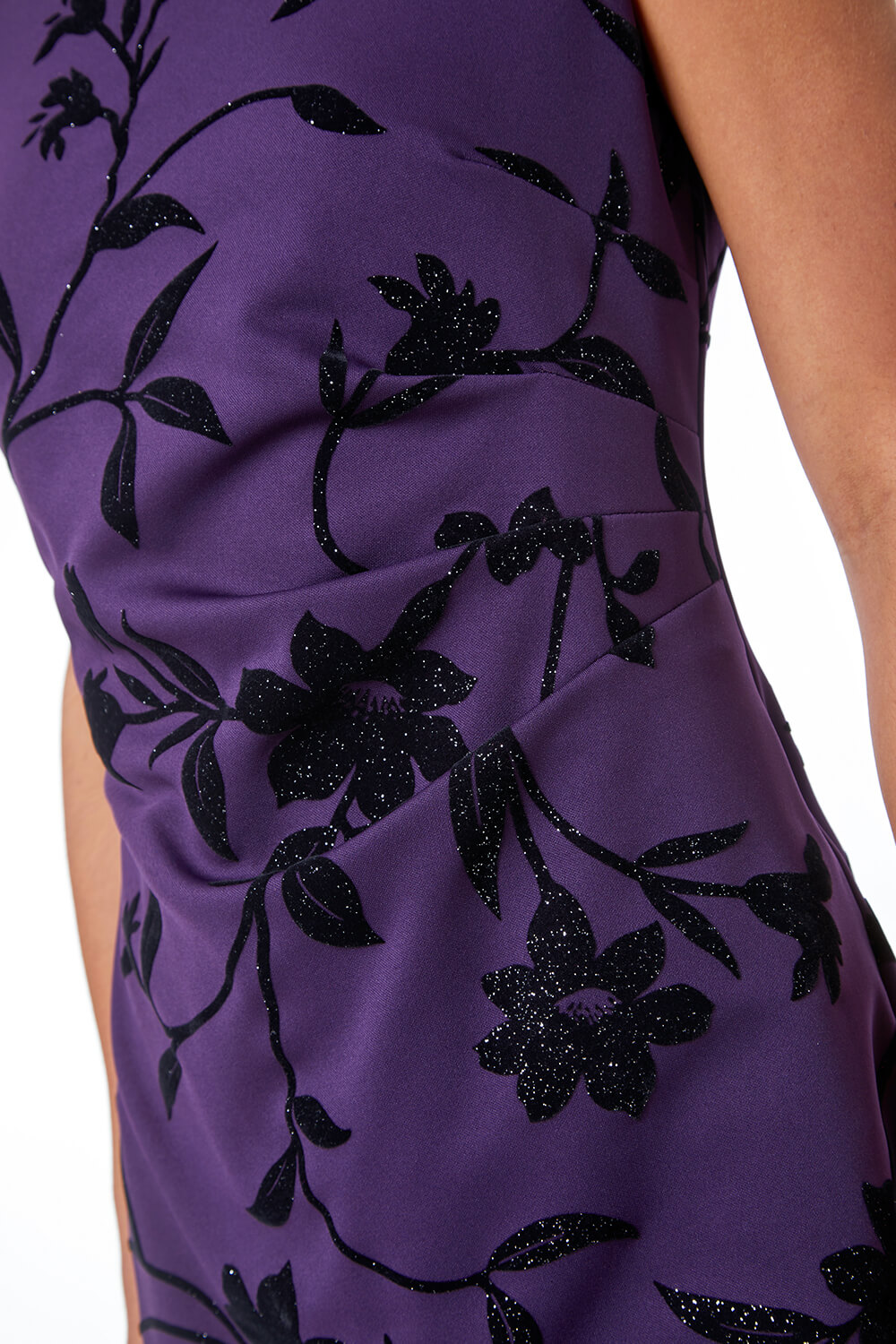 Purple Textured Shimmer Floral Print Ruched Dress , Image 5 of 5
