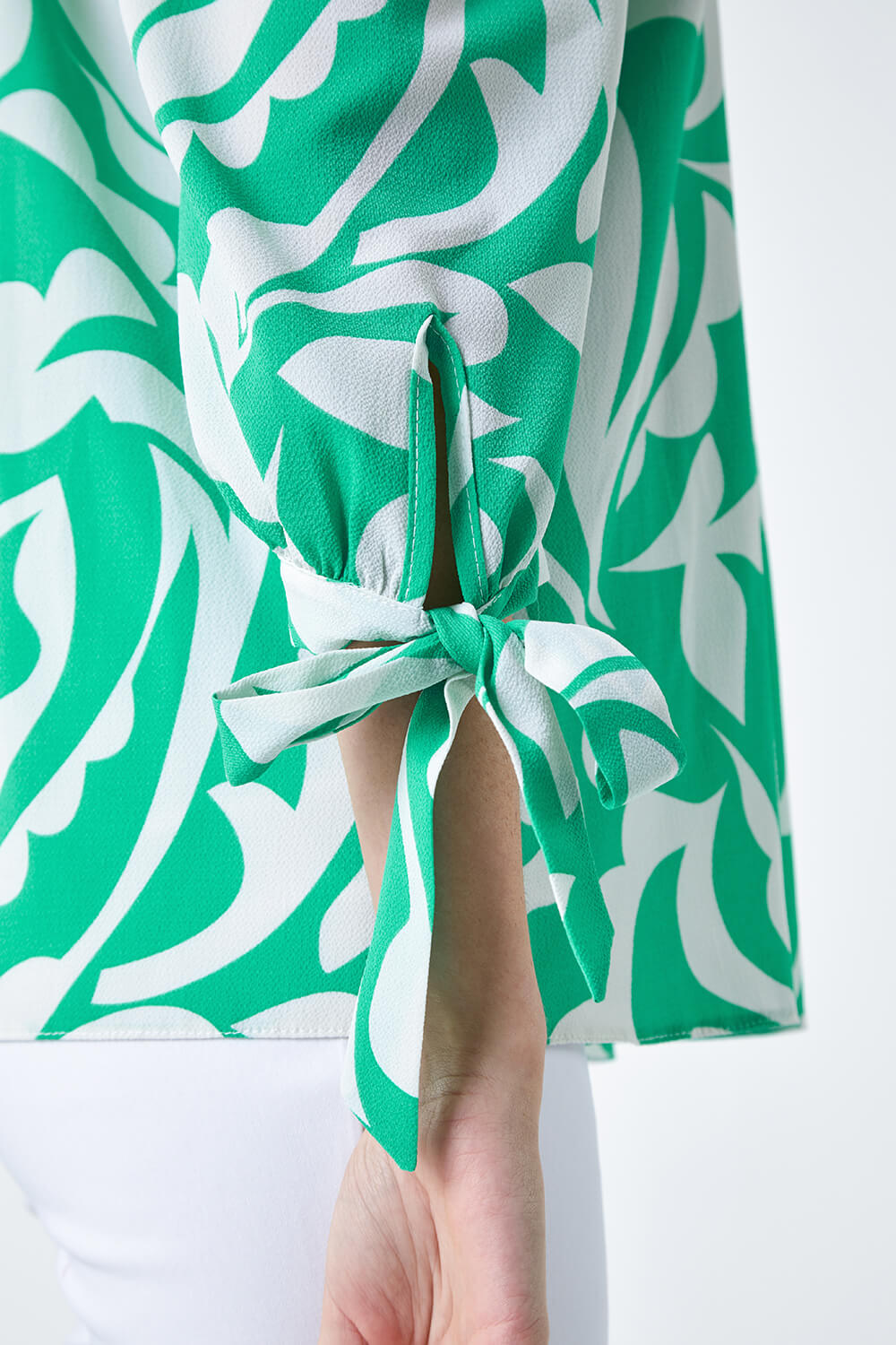 Green Printed Tie Sleeve Bardot Top, Image 5 of 5