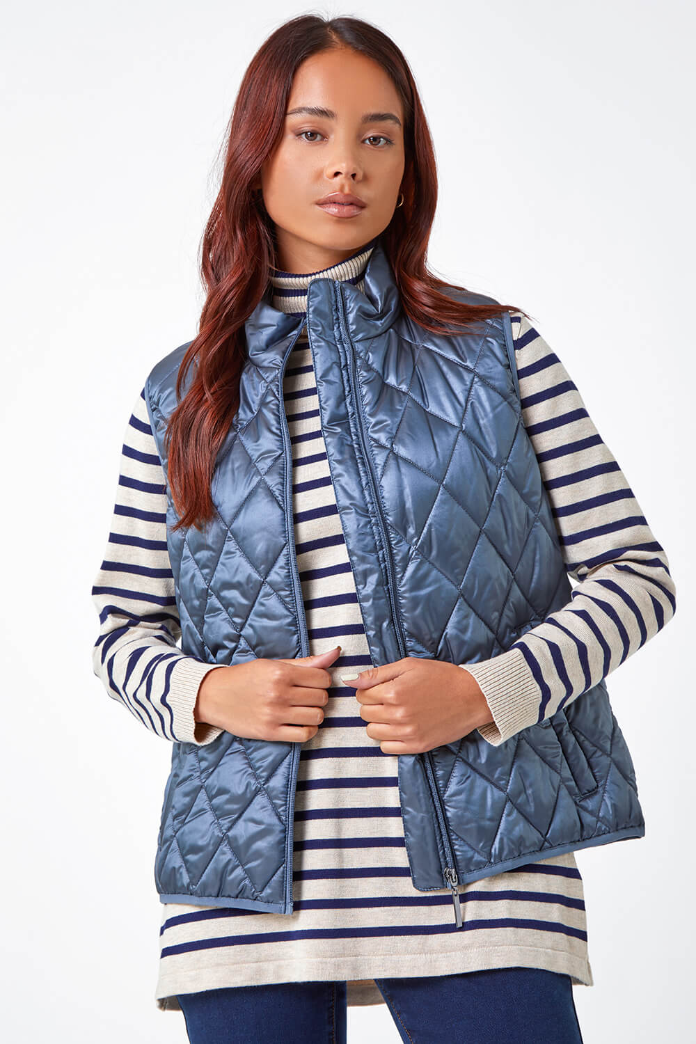 Steel Blue Petite Hooded Quilted Gilet, Image 2 of 5