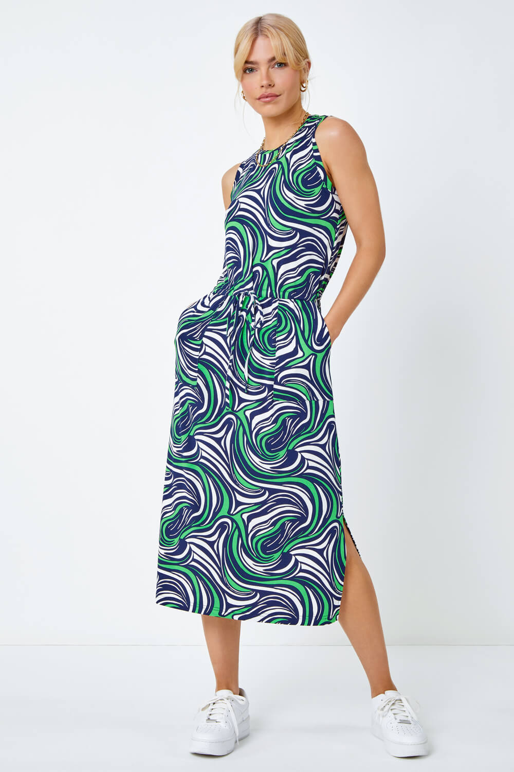 Green Sleeveless Swirl Print Midi Dress, Image 2 of 5
