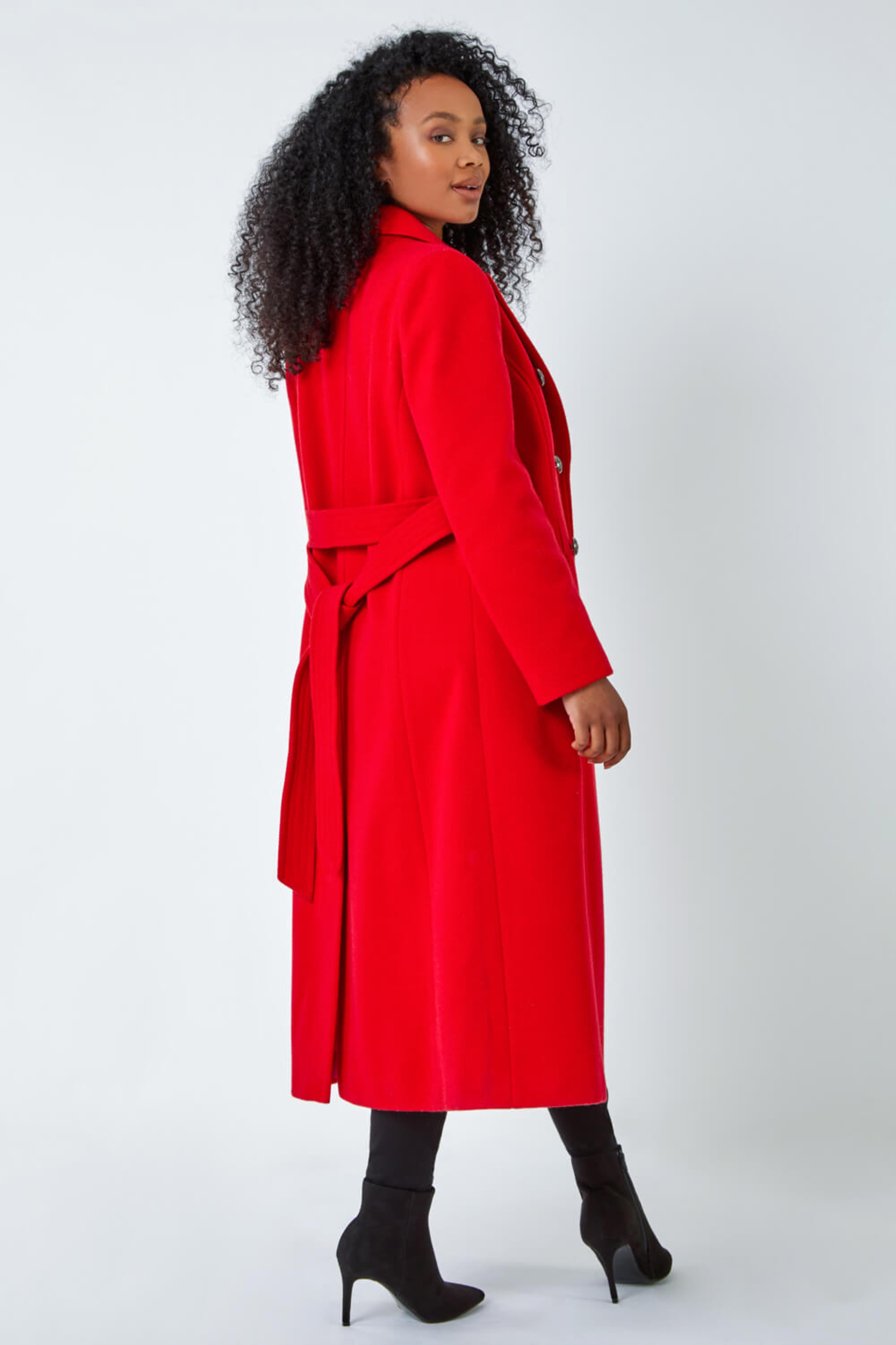 Red Petite Longline Belted Military Coat, Image 3 of 5